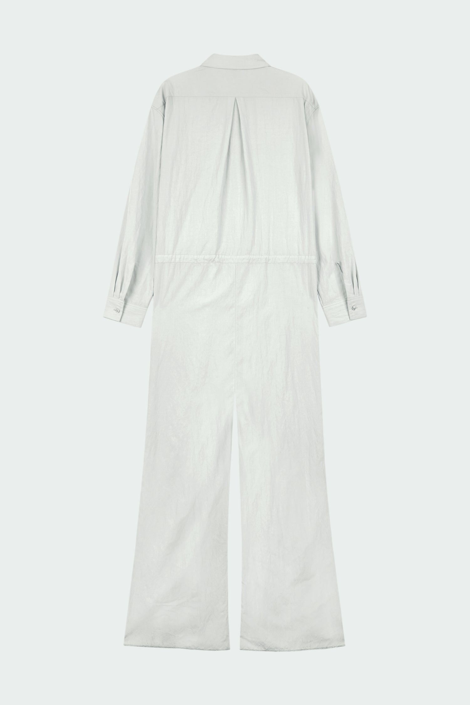 Saige Jumpsuit in cloud, long-sleeve rayon blend jumpsuit with point collar, front button closure, drawstring waist, and patch pockets.