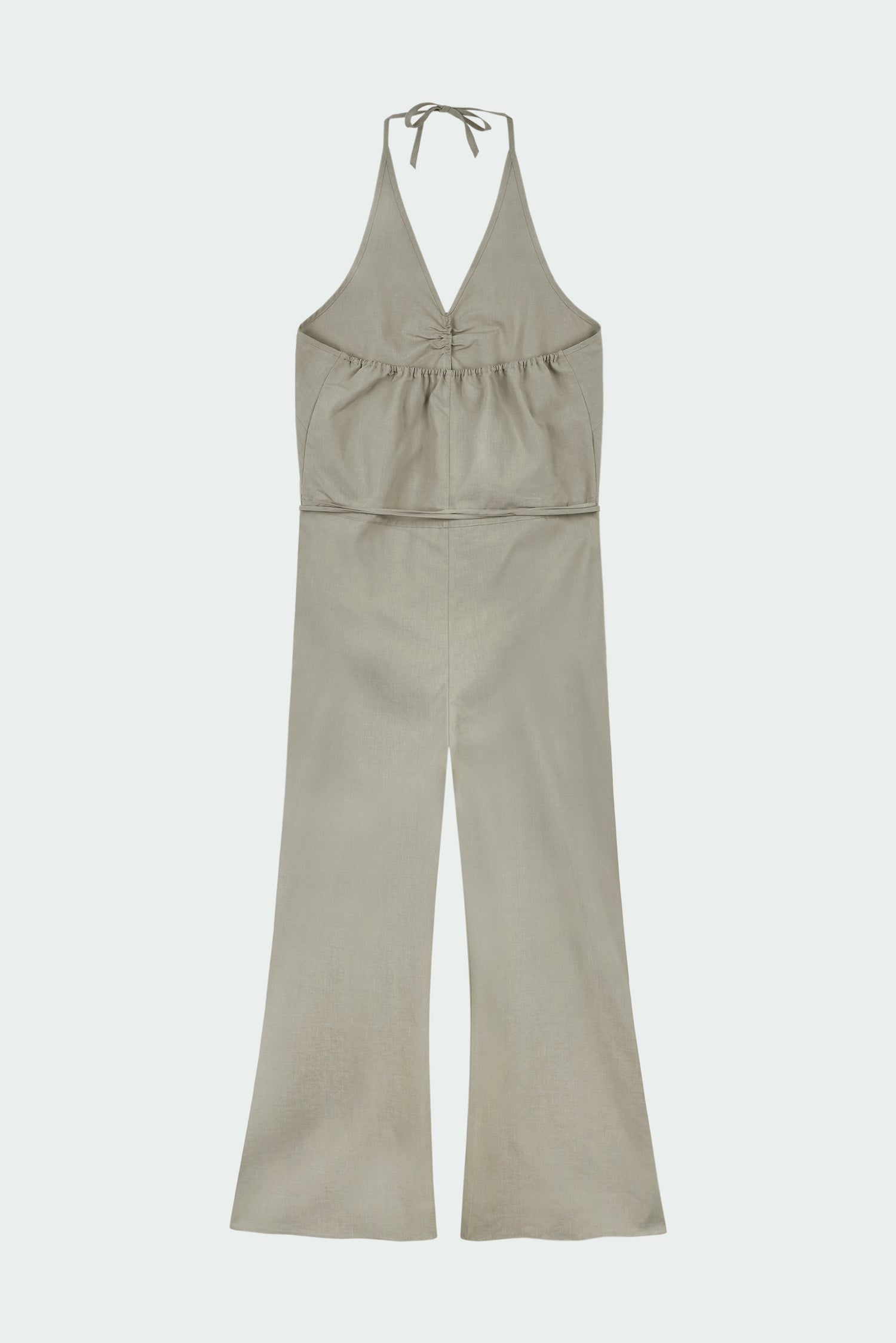 Daisy Jumpsuit in khaki gray, sleeveless linen blend jumpsuit with adjustable halterneck, open back, straight-leg silhouette, and relaxed fit.