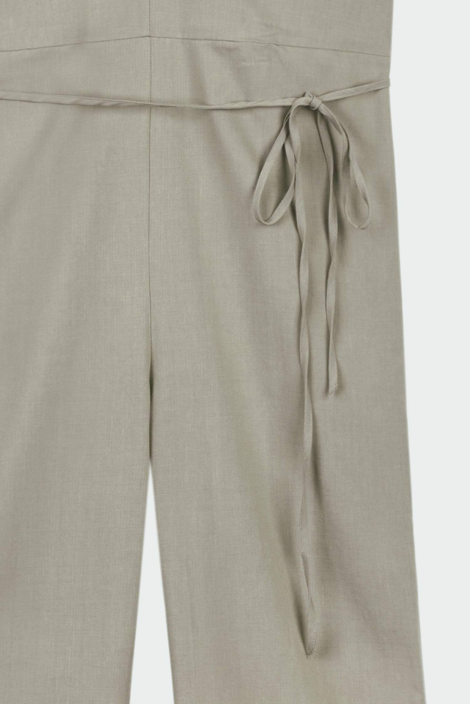 Daisy Jumpsuit in khaki gray, sleeveless linen blend jumpsuit with adjustable halterneck, open back, straight-leg silhouette, and relaxed fit.