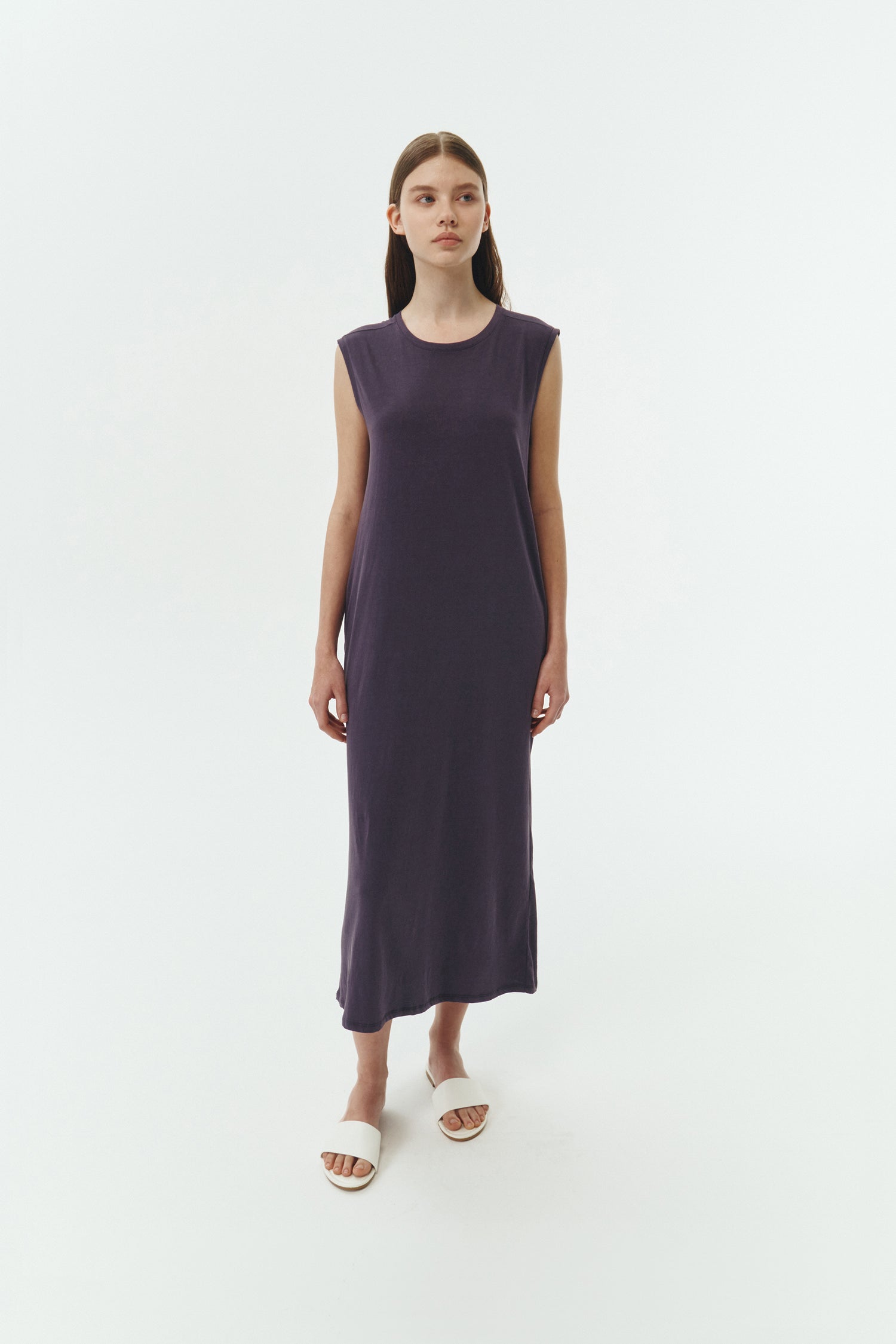 Jade Dress in purple, a sleeveless knit cotton midi dress with side pockets, designed for breathable summer comfort
