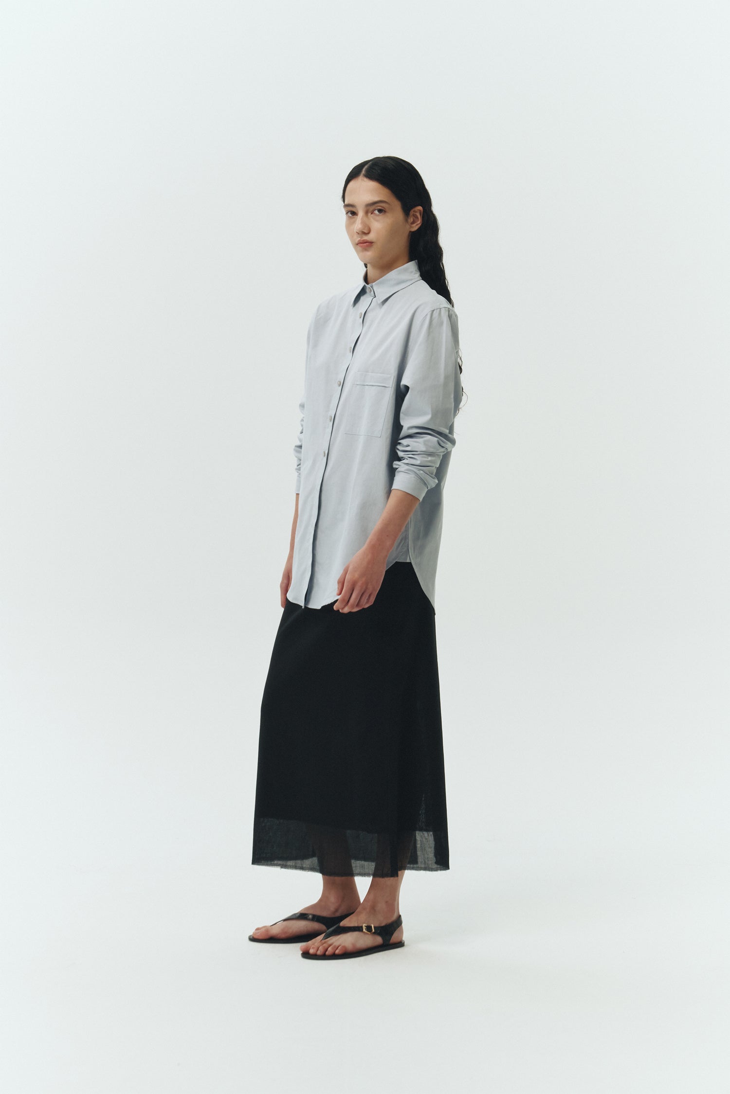 Isabella Shirt in sky, a lightweight cotton-poly blend button-up with chest pocket, back pleat, and buttoned cuffs, designed in a regular fit with a hip-length silhouette