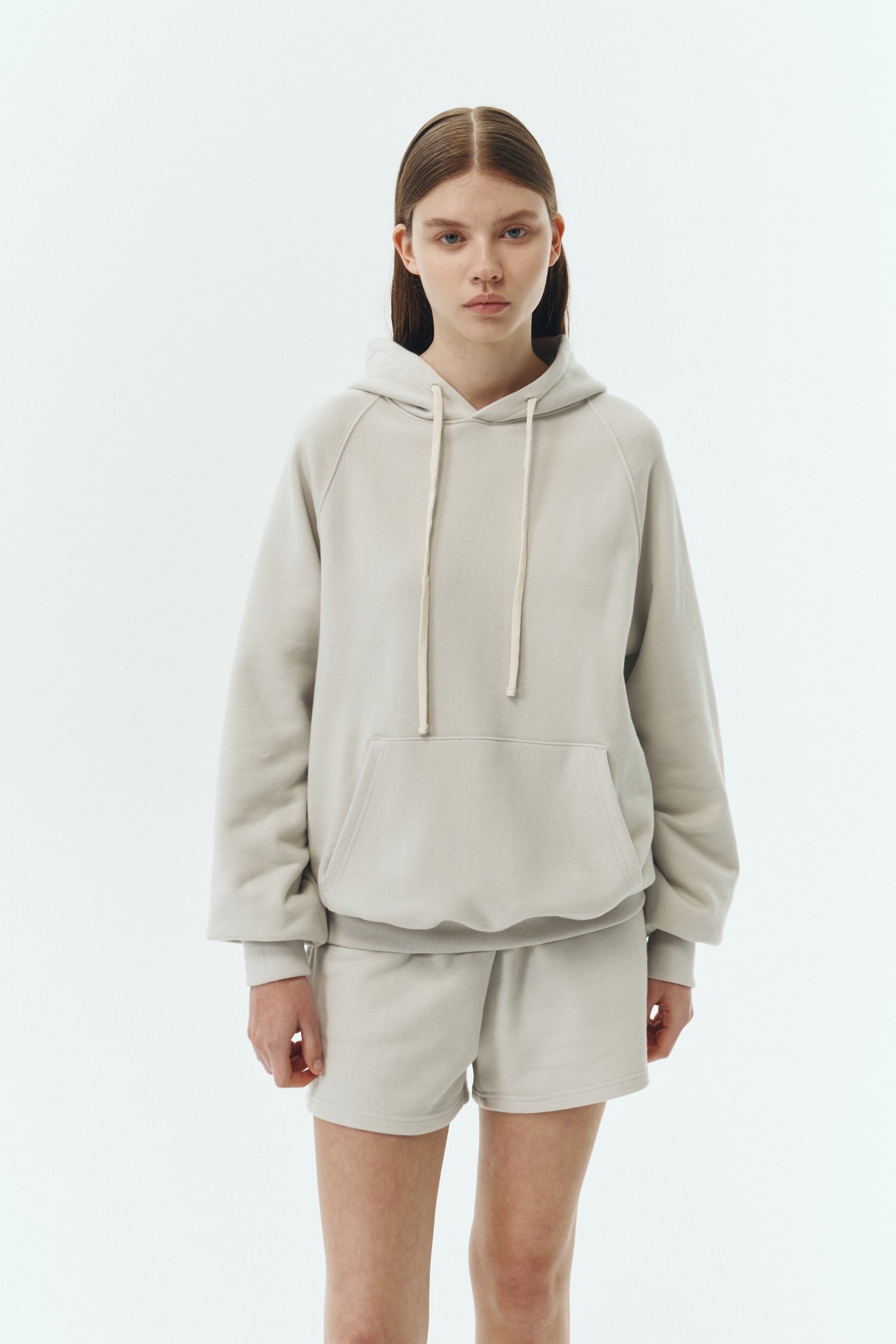 Kaia Shorts in dune, mini-length cotton French terry shorts with an elasticated drawstring waist, side pockets, and back pocket, regular fit, part of a casual set
