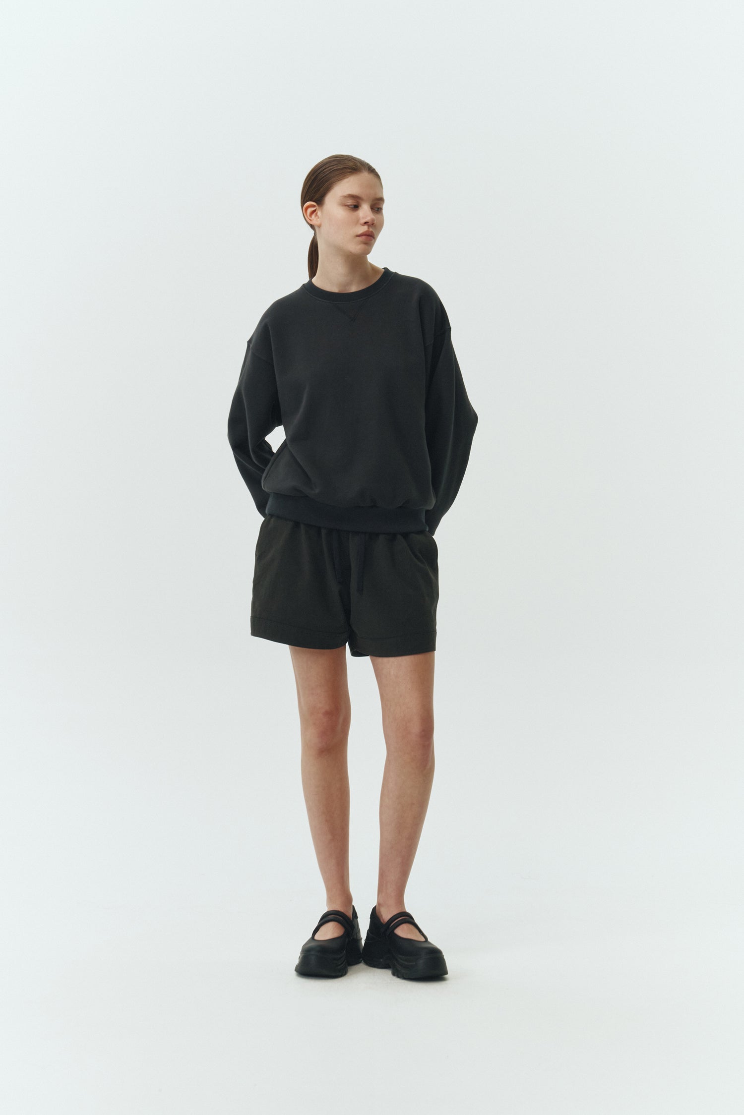 River Shorts in charcoal, lightweight cotton pull-on shorts with an elastic waistband, inner drawstring, side and back pockets, regular fit for everyday comfort