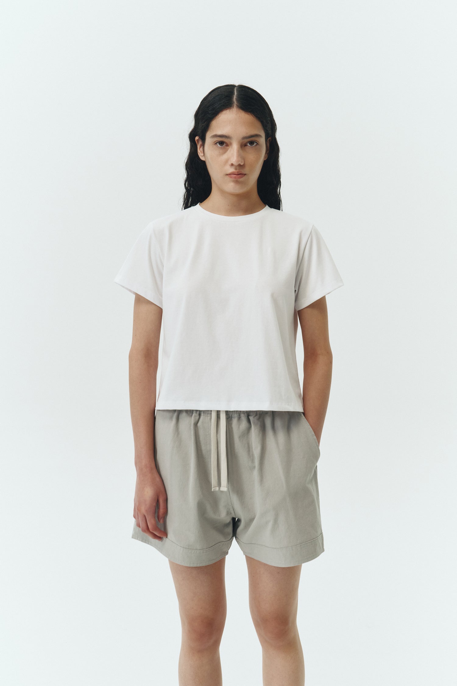 River Shorts in hazy, lightweight cotton pull-on shorts with an elastic waistband, inner drawstring, side and back pockets, regular fit for everyday comfort