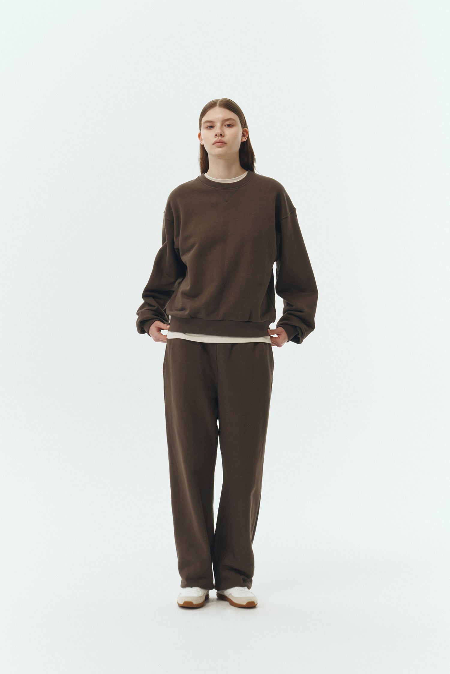 Willow Sweatpants in chocolate, soft French terry cotton with drawstring waistband, side pockets, and elastic cuffs, regular fit, part of a set