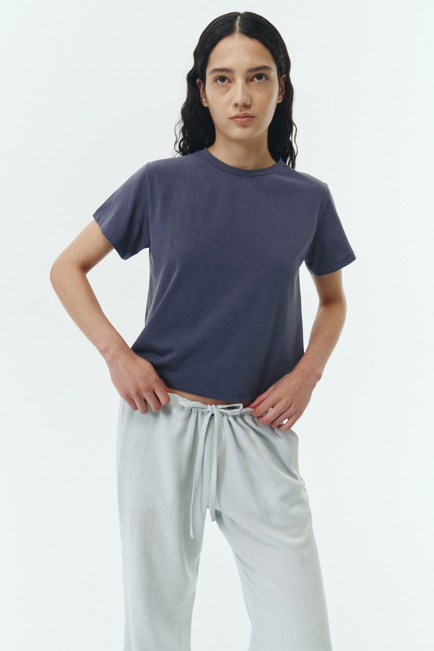 Ivy T-shirt in purple, cropped short-sleeve tee in a lightweight cotton-poly blend with crew neck, regular fit, and clean silhouette.