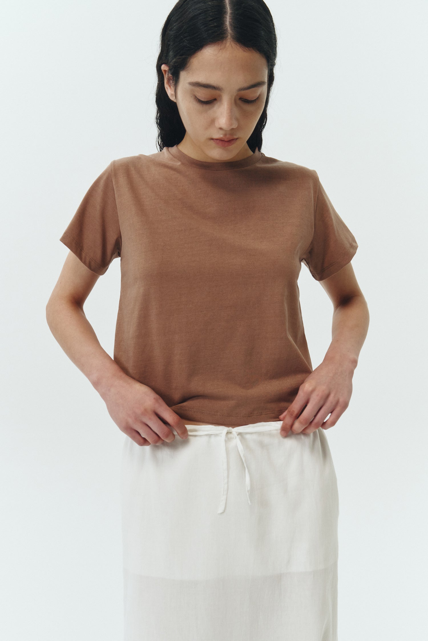 Ivy T-shirt in soft brown, cropped short-sleeve tee in a lightweight cotton-poly blend with crew neck, regular fit, and clean silhouette.