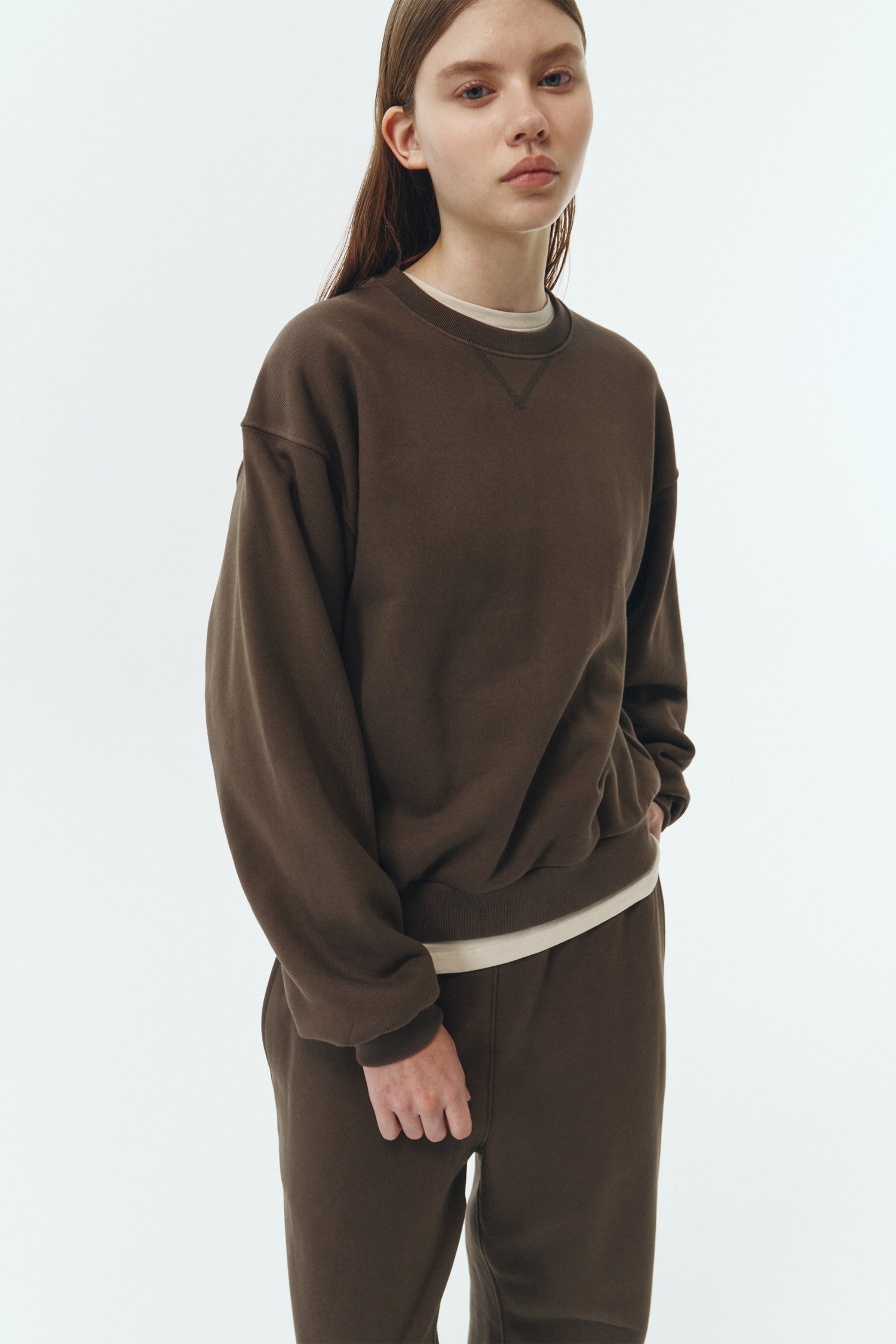 Willow Sweatshirt in chocolate, cotton French terry pullover with crew neck, V-stitch detail, ribbed trims, and a relaxed silhouette.