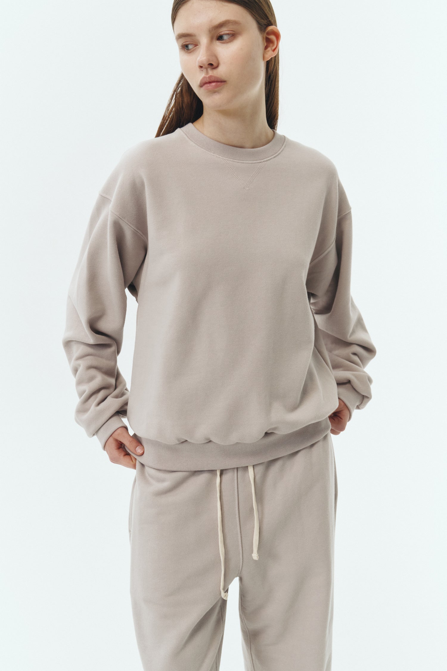 Willow Sweatshirt in peace gray, a soft cotton French terry pullover with a crew neck, V-stitch detail, ribbed trims, and a relaxed fit, designed for everyday comfort