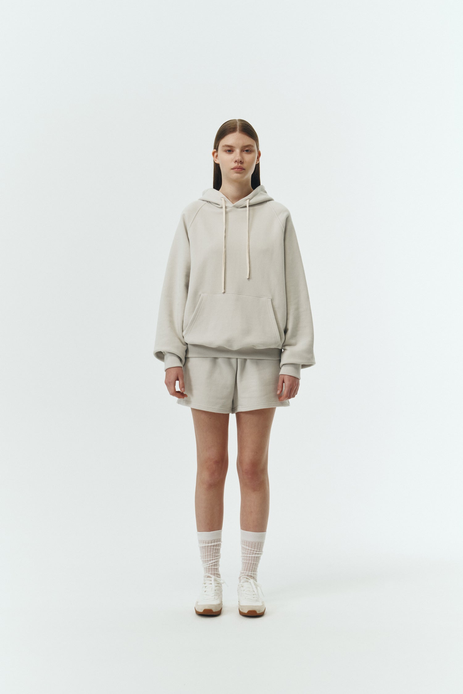 Kaia Shorts in dune, mini-length cotton French terry shorts with an elasticated drawstring waist, side pockets, and back pocket, regular fit, part of a casual set