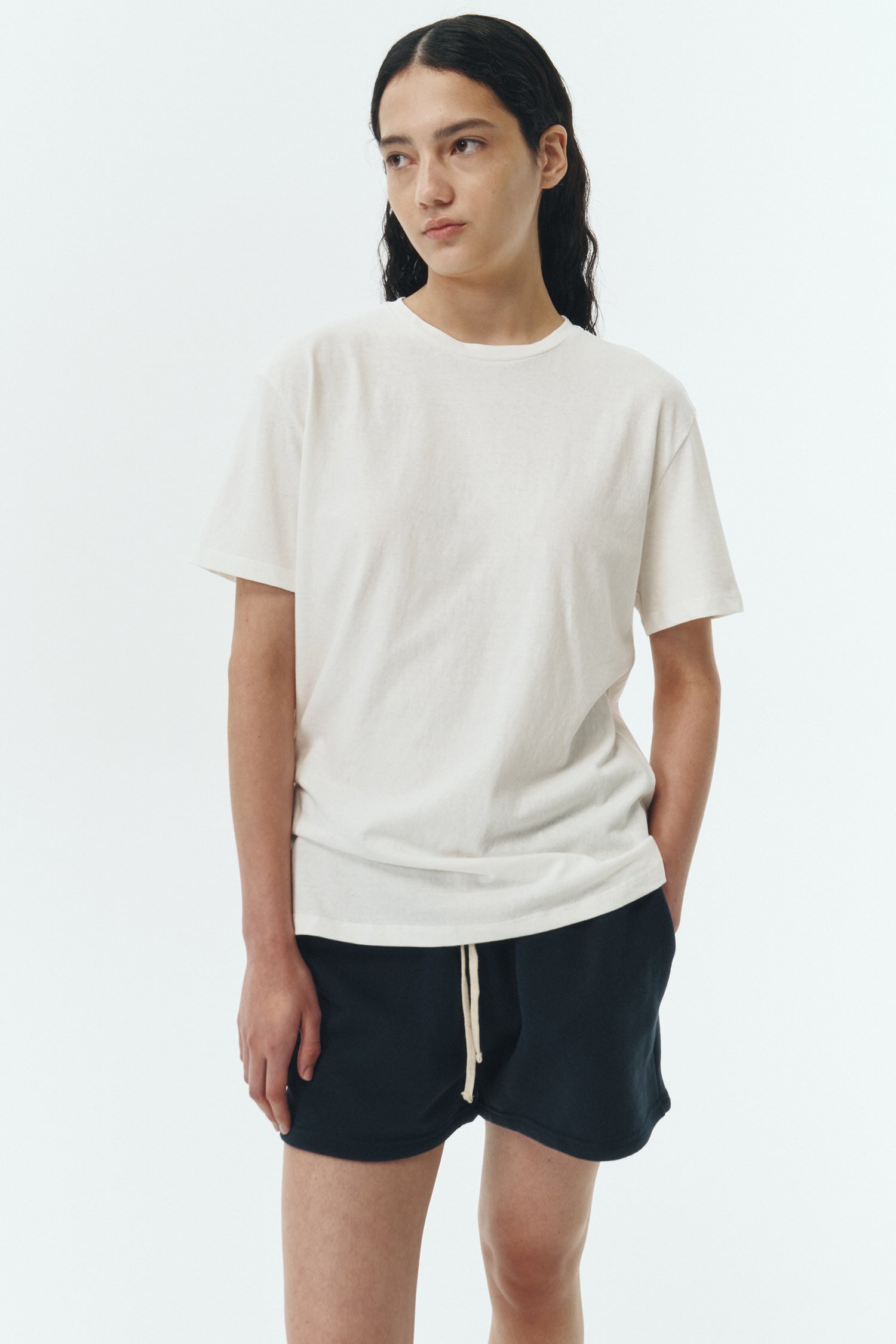 Kaia Shorts in navy, mini-length cotton French terry shorts with an elasticated drawstring waist, side pockets, and back pocket, regular fit, part of a casual set