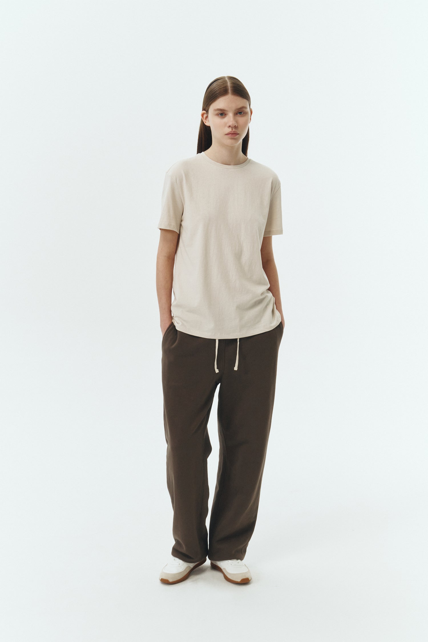 Willow Sweatpants in chocolate, soft French terry cotton with drawstring waistband, side pockets, and elastic cuffs, regular fit, part of a set