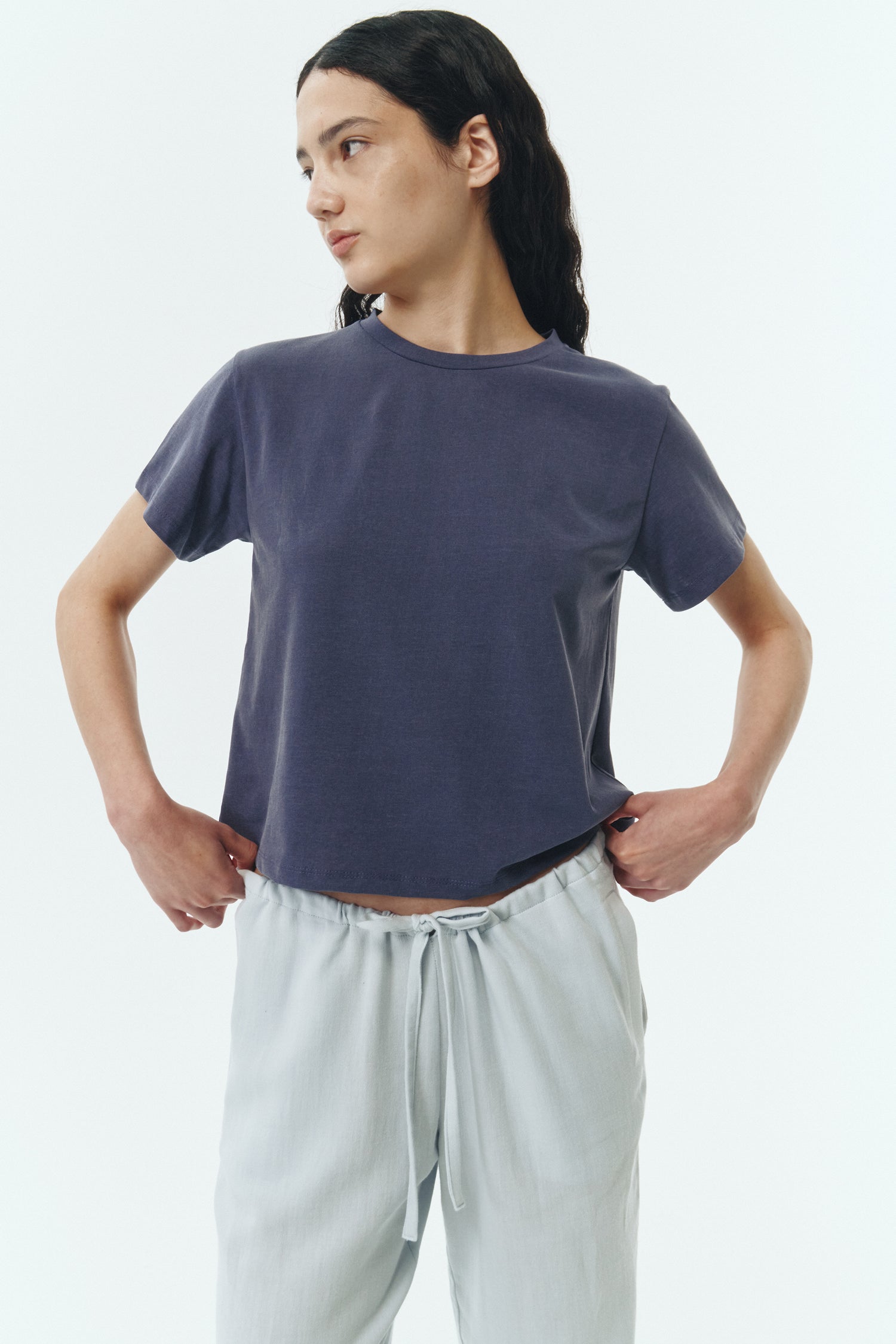 Ivy T-shirt in purple, cropped short-sleeve tee in a lightweight cotton-poly blend with crew neck, regular fit, and clean silhouette.