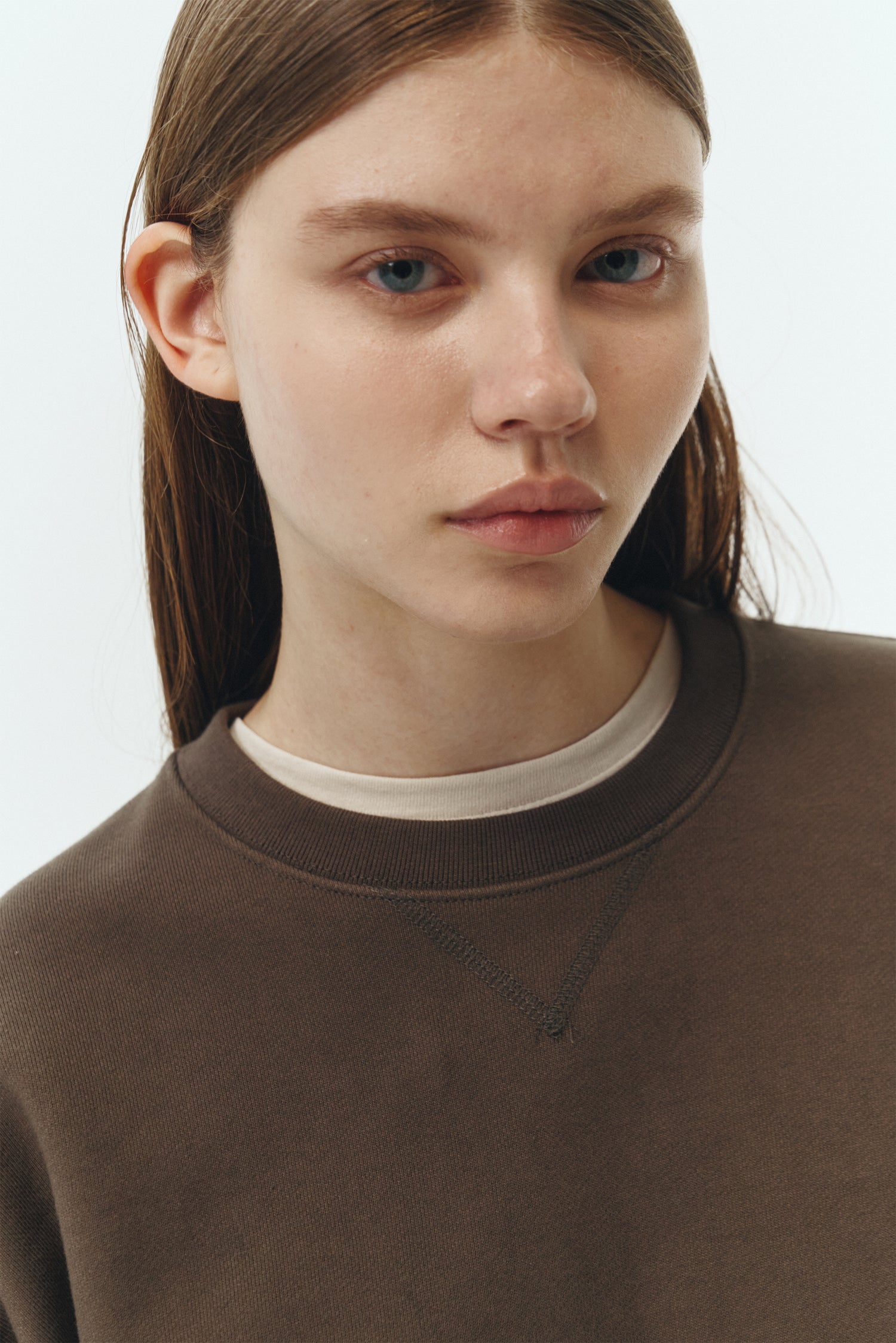 Willow Sweatshirt in chocolate, cotton French terry pullover with crew neck, V-stitch detail, ribbed trims, and a relaxed silhouette.
