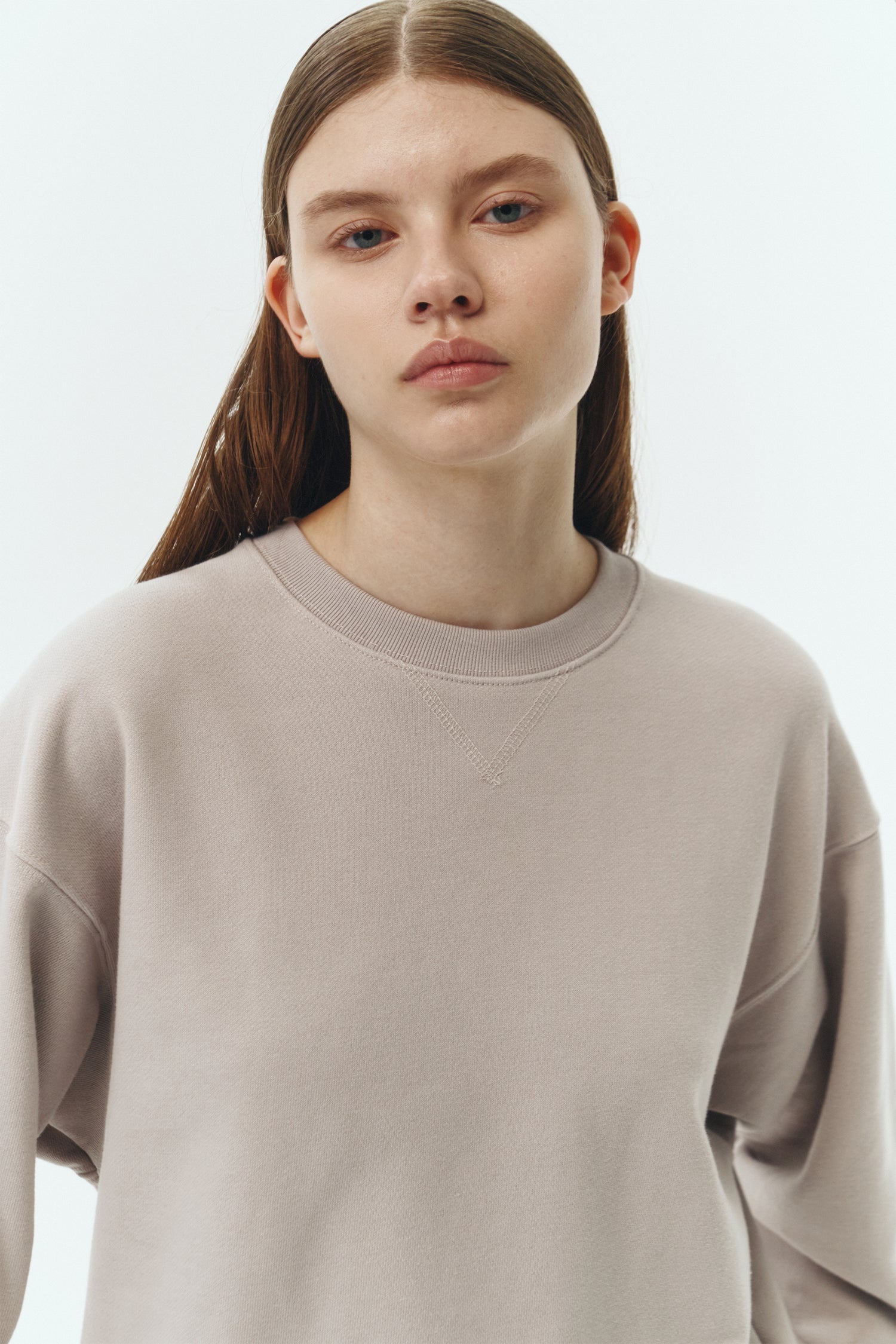 Willow Sweatshirt in peace gray, a soft cotton French terry pullover with a crew neck, V-stitch detail, ribbed trims, and a relaxed fit, designed for everyday comfort