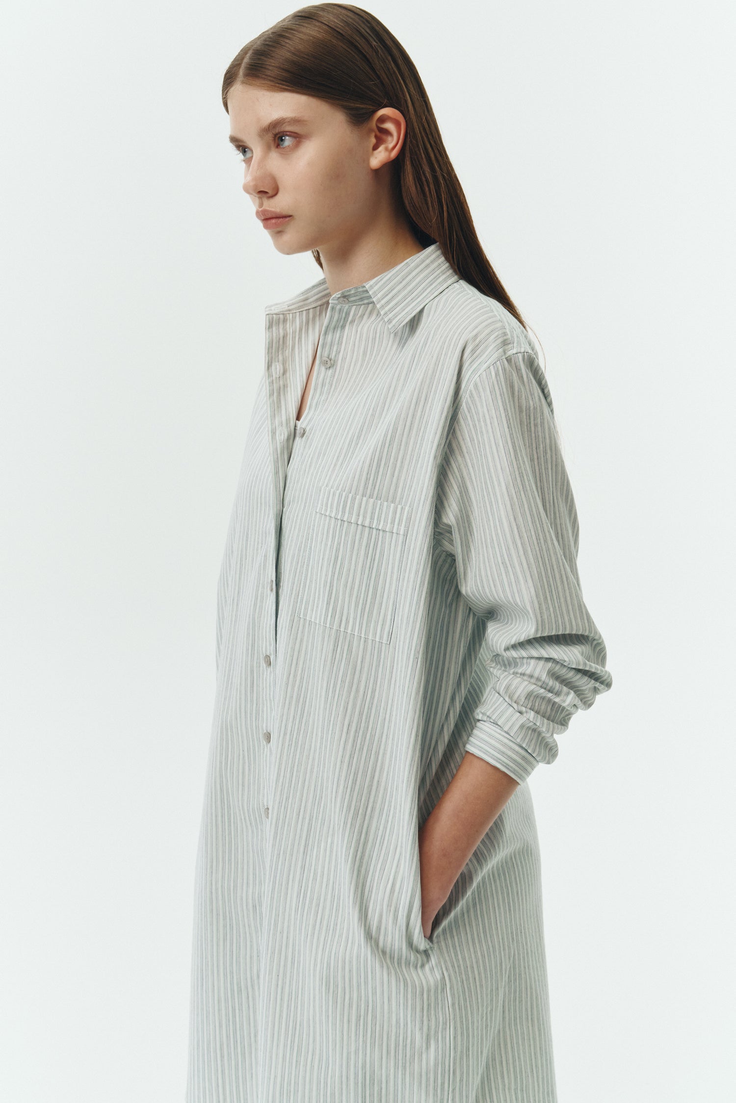 Cara Dress in stripe, long sleeve cotton shirt dress with front chest pocket, curved hem, hidden side pockets, and a relaxed silhouette.