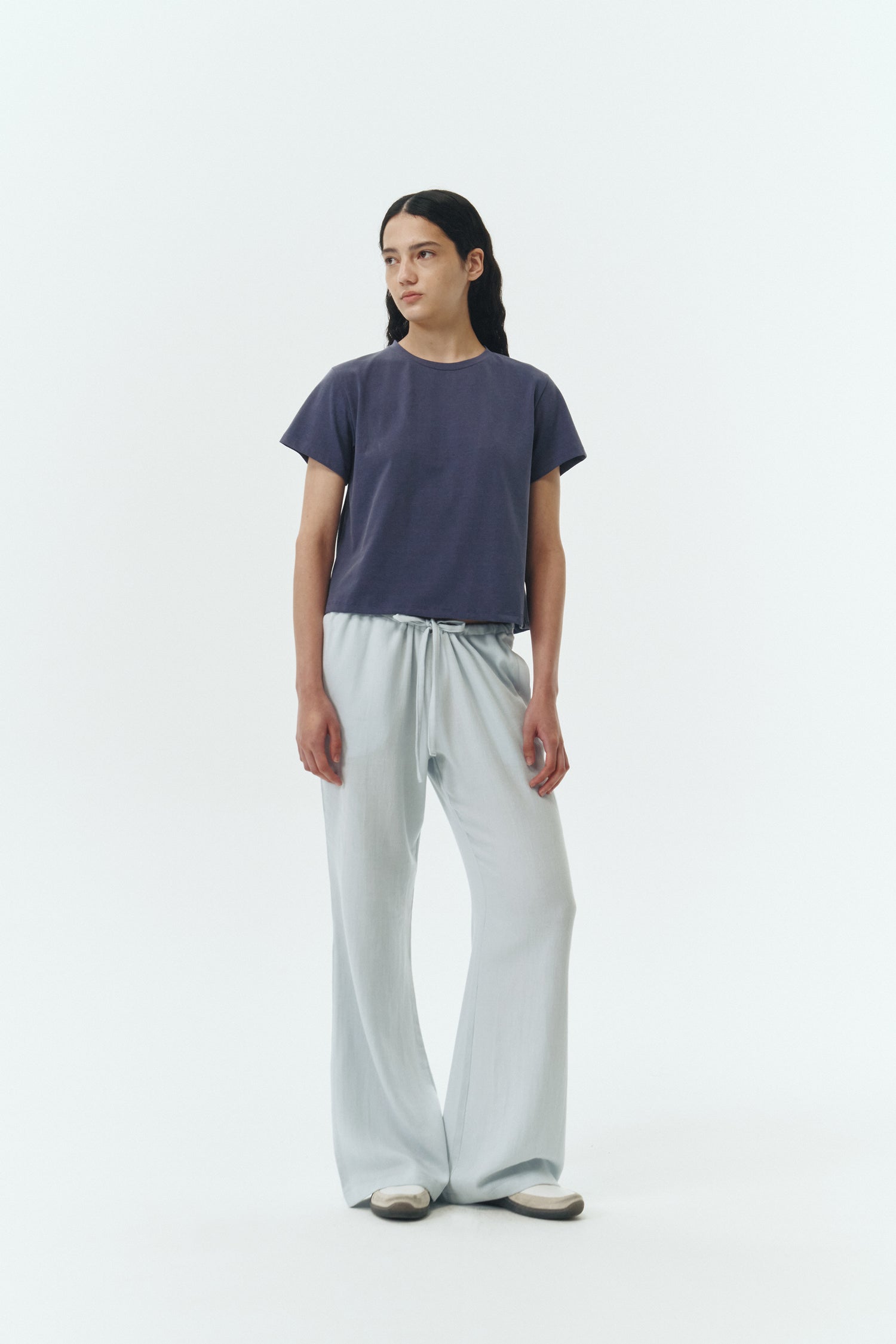 Ivy T-shirt in purple, cropped short-sleeve tee in a lightweight cotton-poly blend with crew neck, regular fit, and clean silhouette.