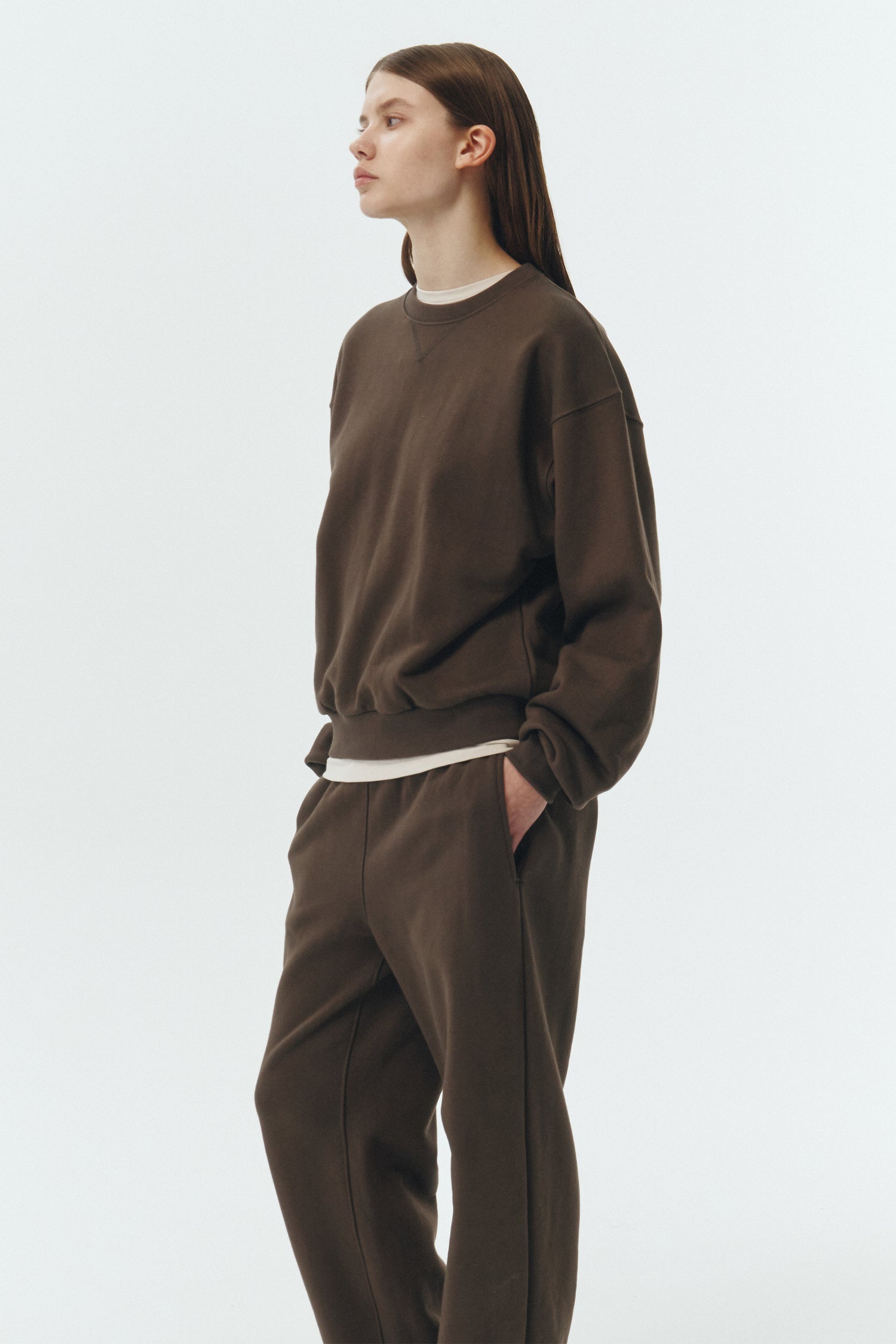 Willow Sweatshirt in chocolate, cotton French terry pullover with crew neck, V-stitch detail, ribbed trims, and a relaxed silhouette.