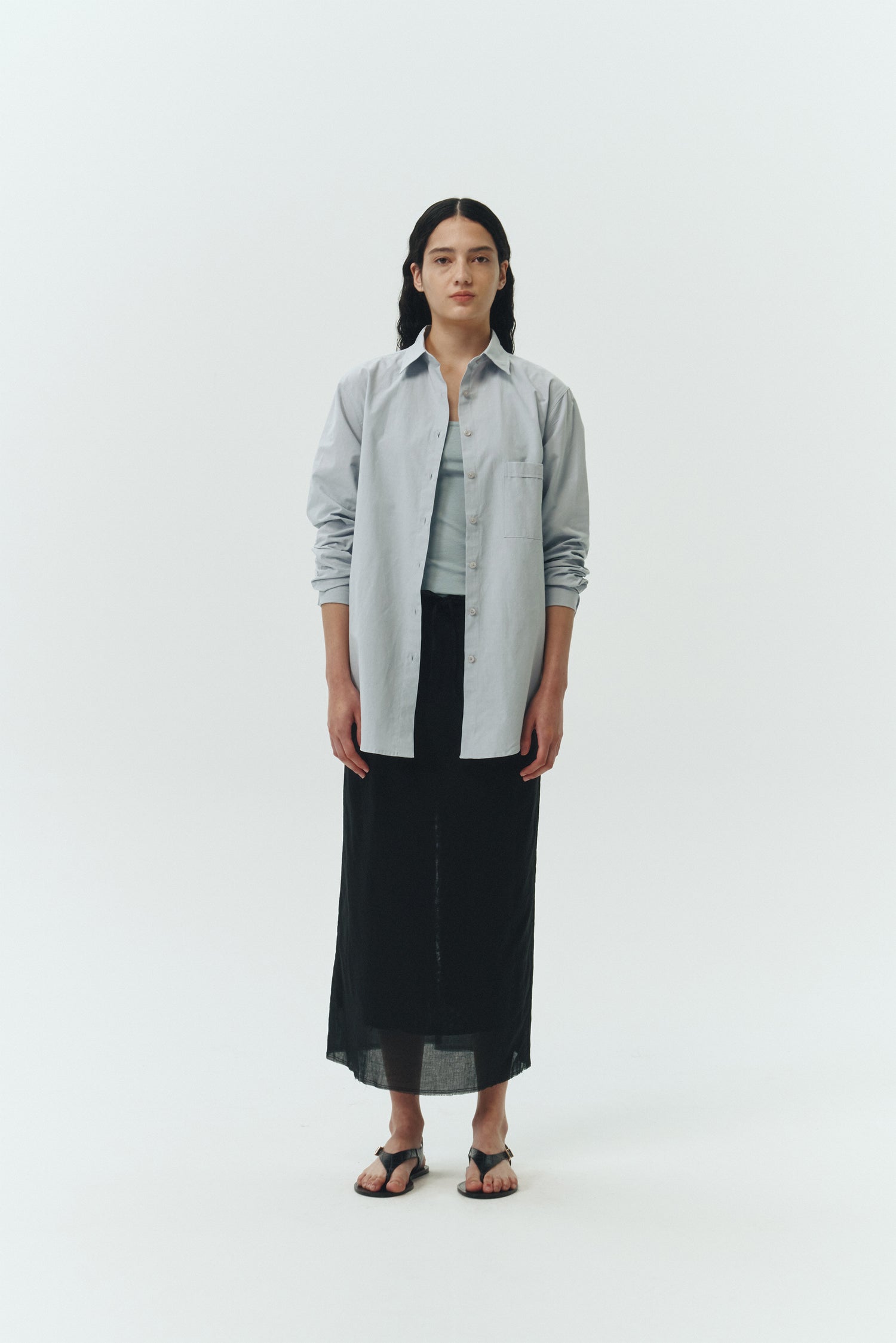 Isabella Shirt in sky, a lightweight cotton-poly blend button-up with chest pocket, back pleat, and buttoned cuffs, designed in a regular fit with a hip-length silhouette