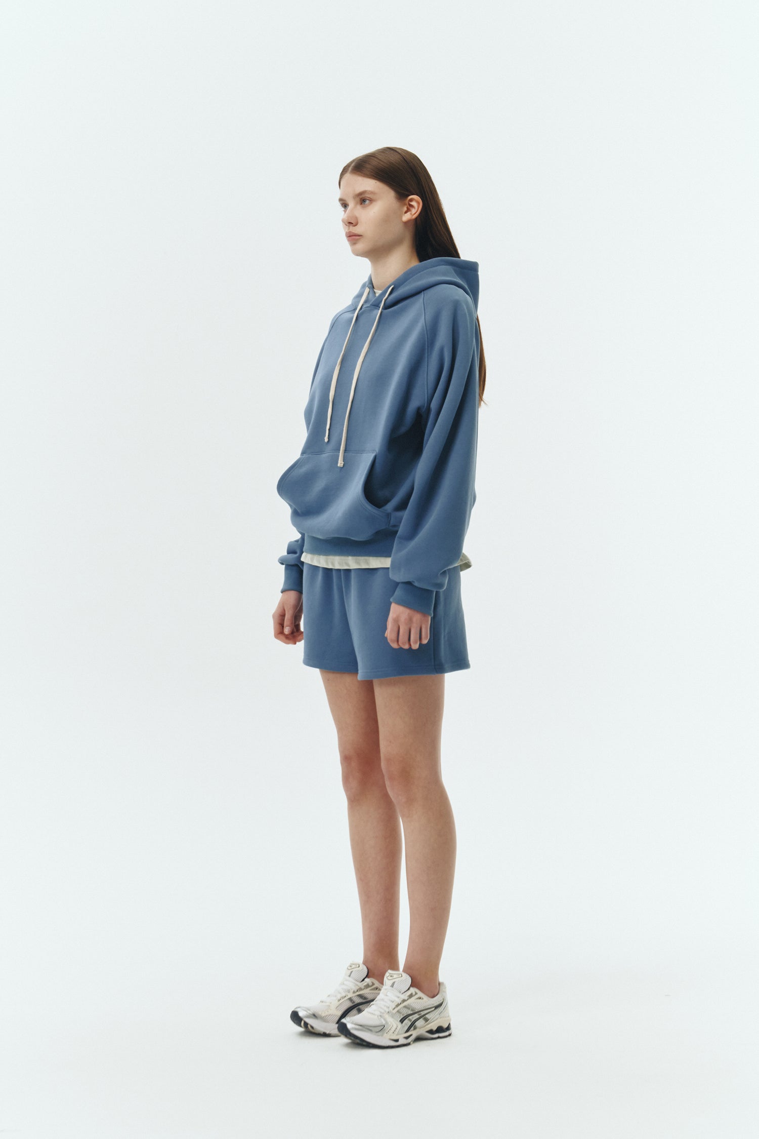 Kaia Shorts in indigo blue, mini-length cotton French terry shorts with an elasticated drawstring waist, side pockets, and back pocket, regular fit, part of a casual set