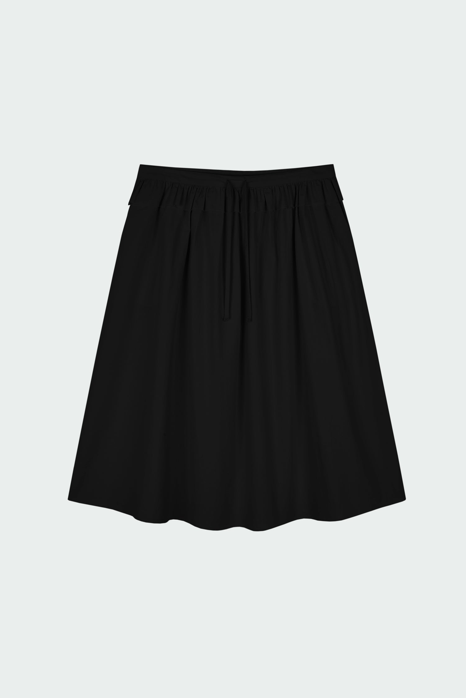 Maryam Skirt in black, a midi cotton skirt with shirred waistband, drawstring detail, side pockets, and a softly flared silhouette