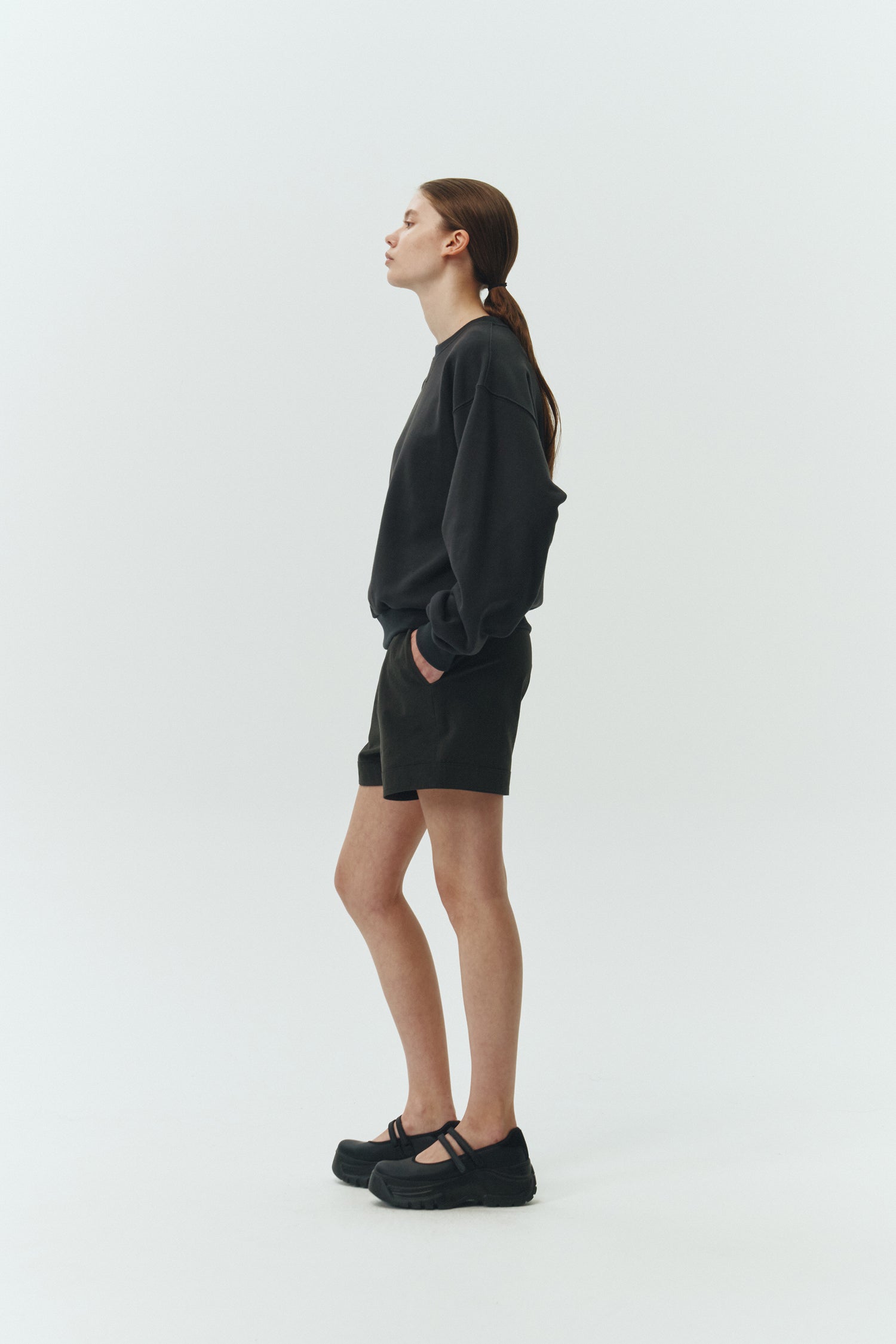 River Shorts in charcoal, lightweight cotton pull-on shorts with an elastic waistband, inner drawstring, side and back pockets, regular fit for everyday comfort