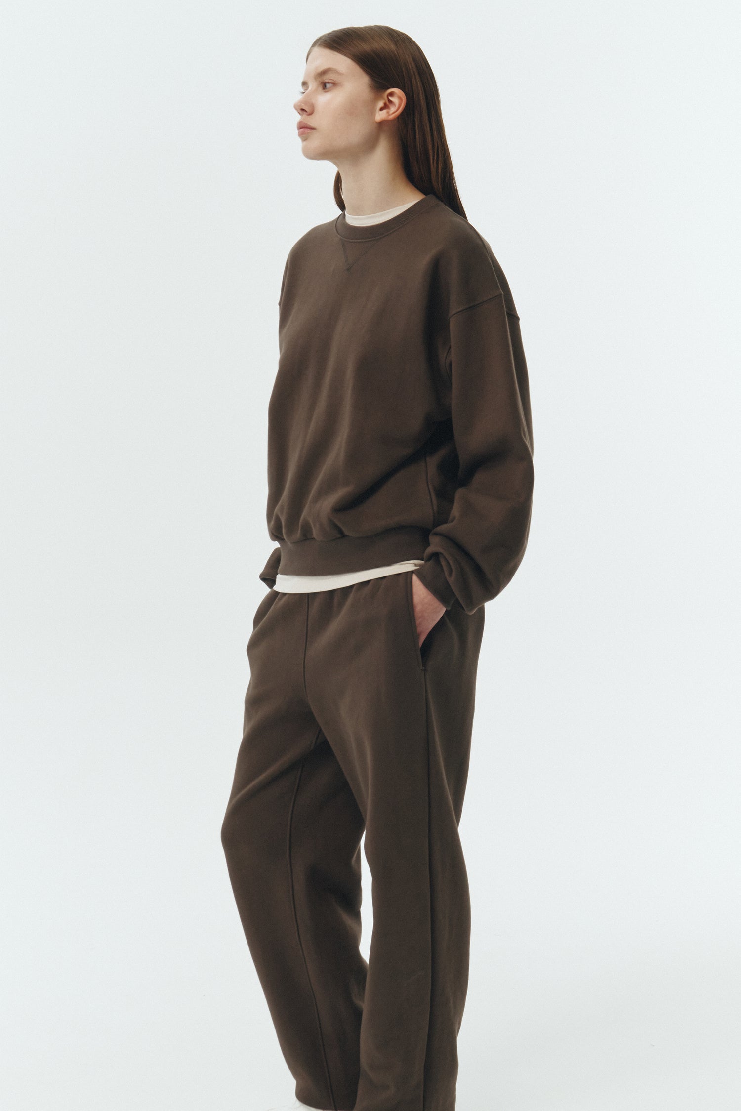 Willow Sweatpants in chocolate, soft French terry cotton with drawstring waistband, side pockets, and elastic cuffs, regular fit, part of a set