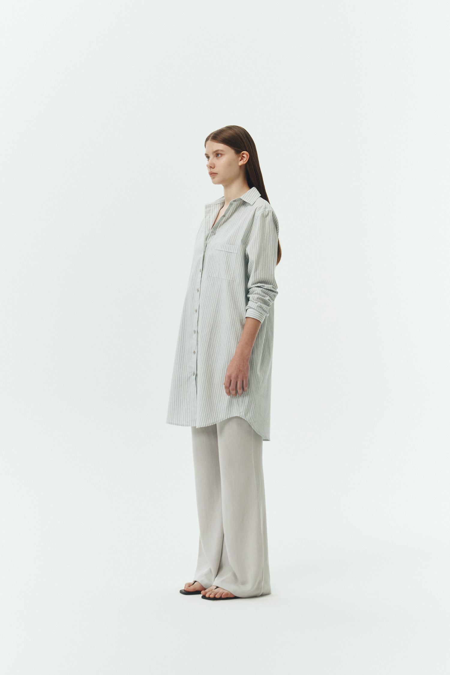 Cara Dress in stripe, long sleeve cotton shirt dress with front chest pocket, curved hem, hidden side pockets, and a relaxed silhouette.