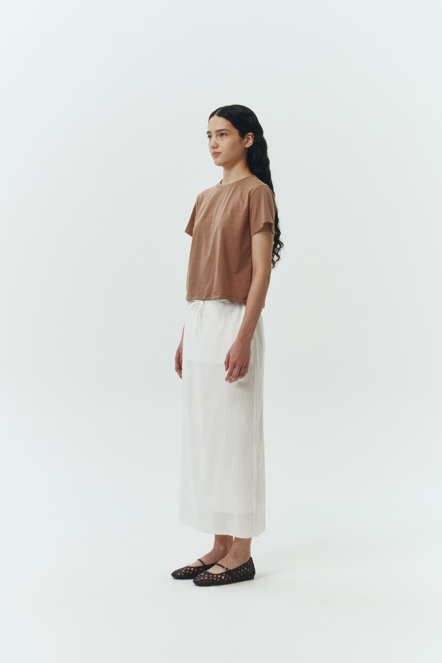 Ivy T-shirt in soft brown, cropped short-sleeve tee in a lightweight cotton-poly blend with crew neck, regular fit, and clean silhouette.