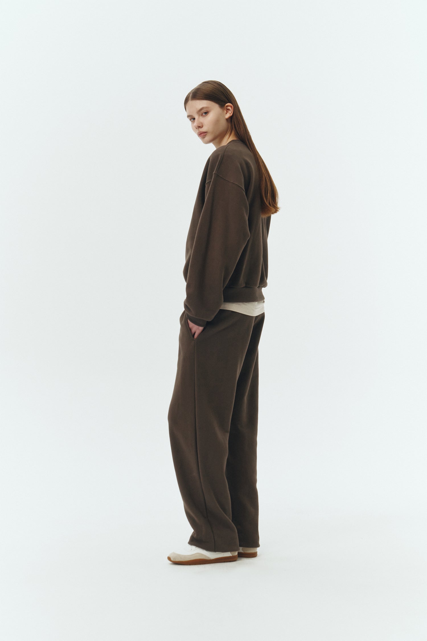 Willow Sweatshirt in chocolate, cotton French terry pullover with crew neck, V-stitch detail, ribbed trims, and a relaxed silhouette.
