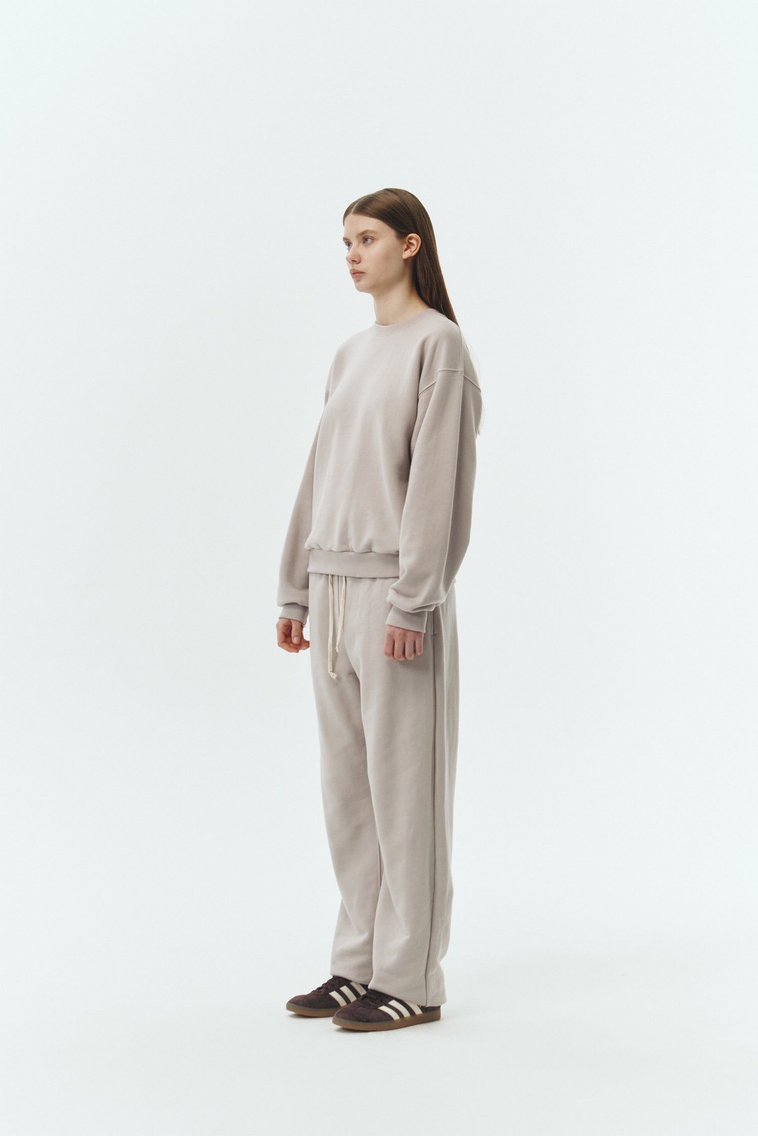 Willow Sweatshirt in peace gray, a soft cotton French terry pullover with a crew neck, V-stitch detail, ribbed trims, and a relaxed fit, designed for everyday comfort