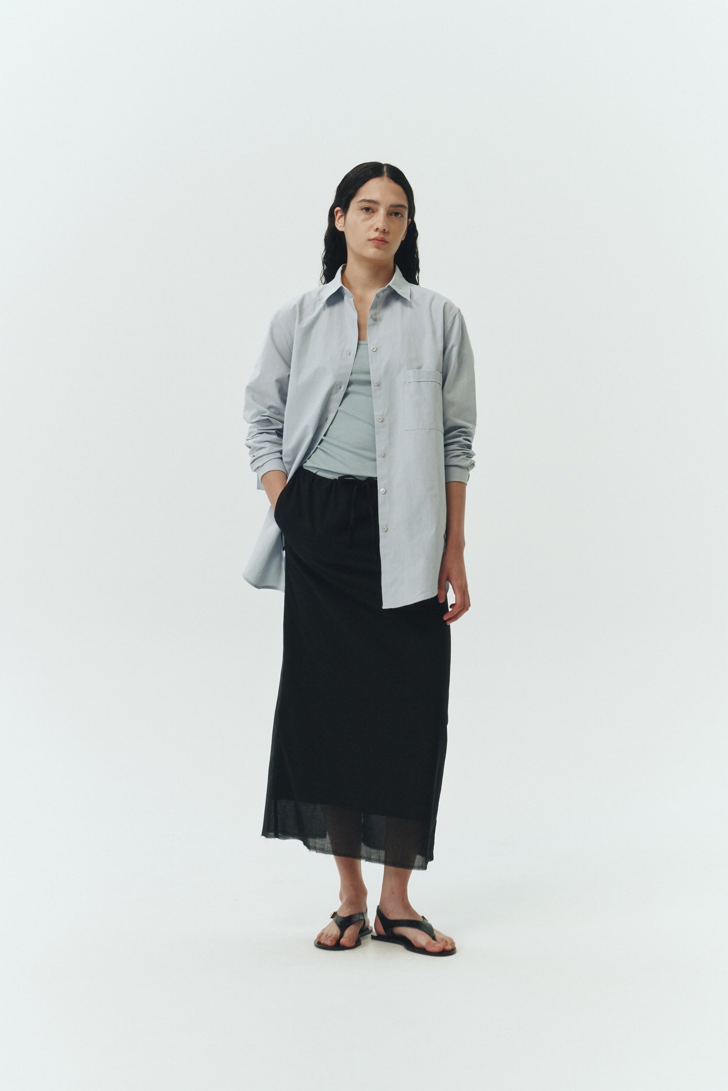 Isabella Shirt in sky, a lightweight cotton-poly blend button-up with chest pocket, back pleat, and buttoned cuffs, designed in a regular fit with a hip-length silhouette