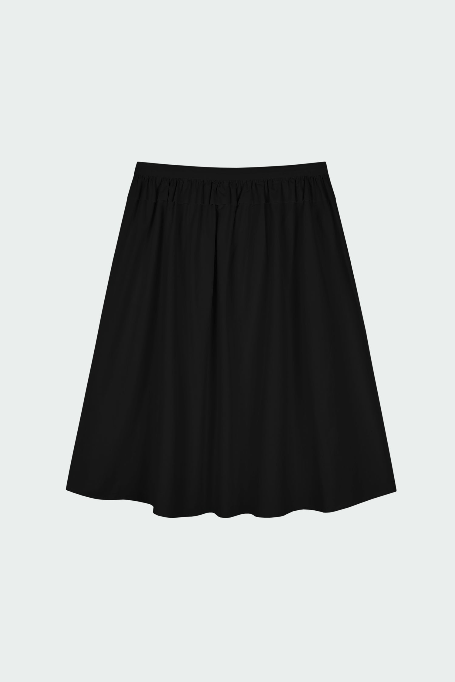 Maryam Skirt in black, a midi cotton skirt with shirred waistband, drawstring detail, side pockets, and a softly flared silhouette