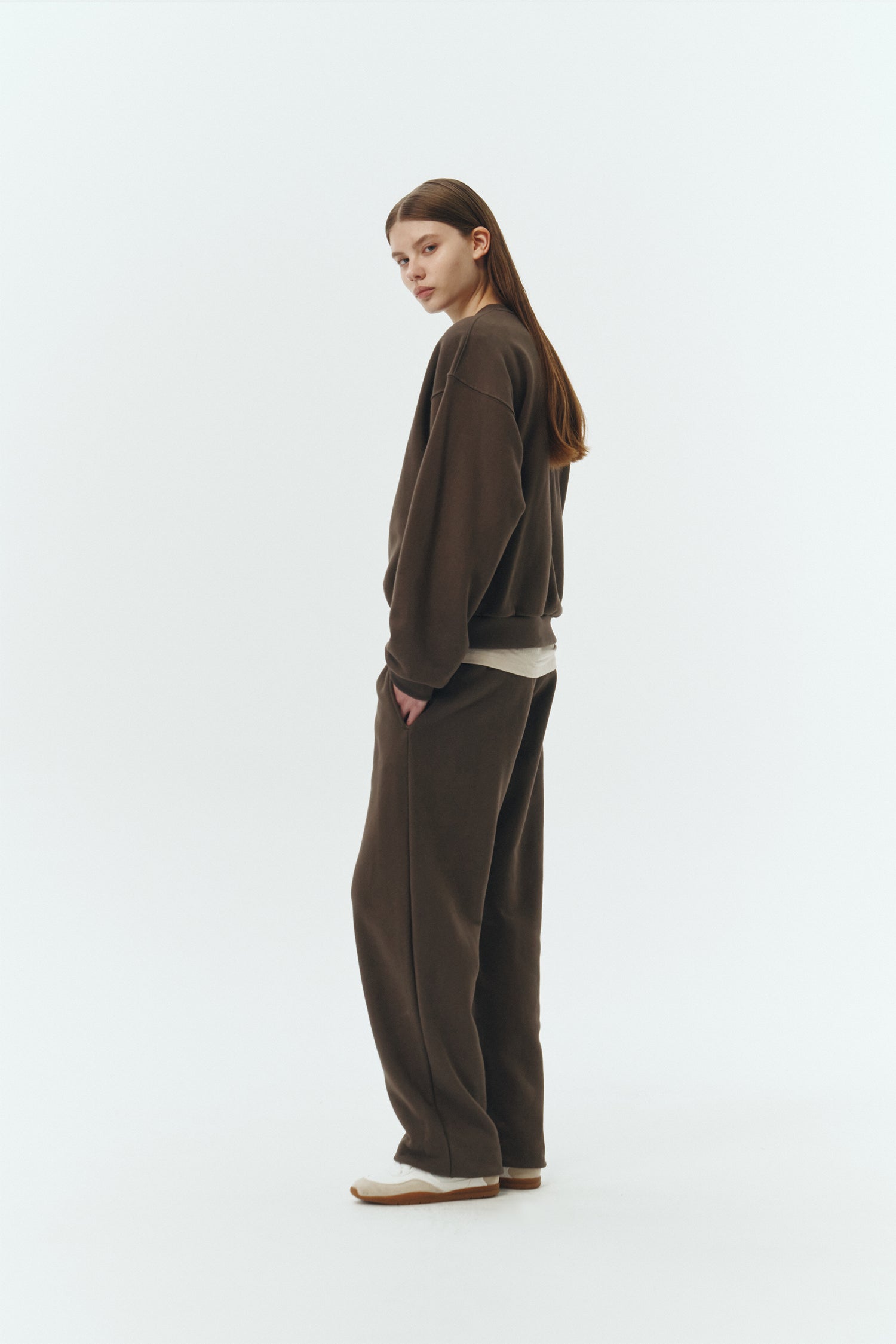 Willow Sweatpants in chocolate, soft French terry cotton with drawstring waistband, side pockets, and elastic cuffs, regular fit, part of a set