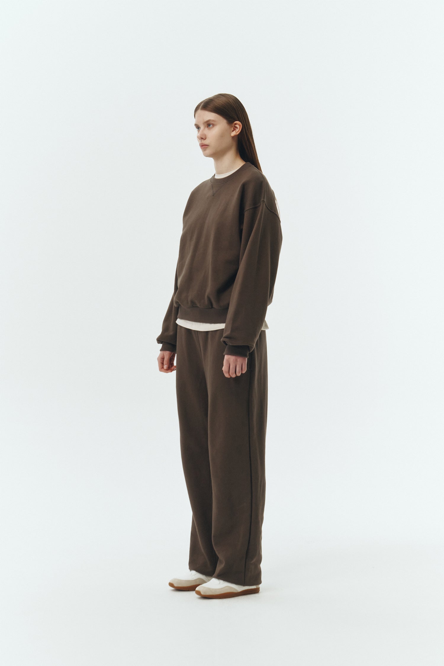 Willow Sweatshirt in chocolate, cotton French terry pullover with crew neck, V-stitch detail, ribbed trims, and a relaxed silhouette.