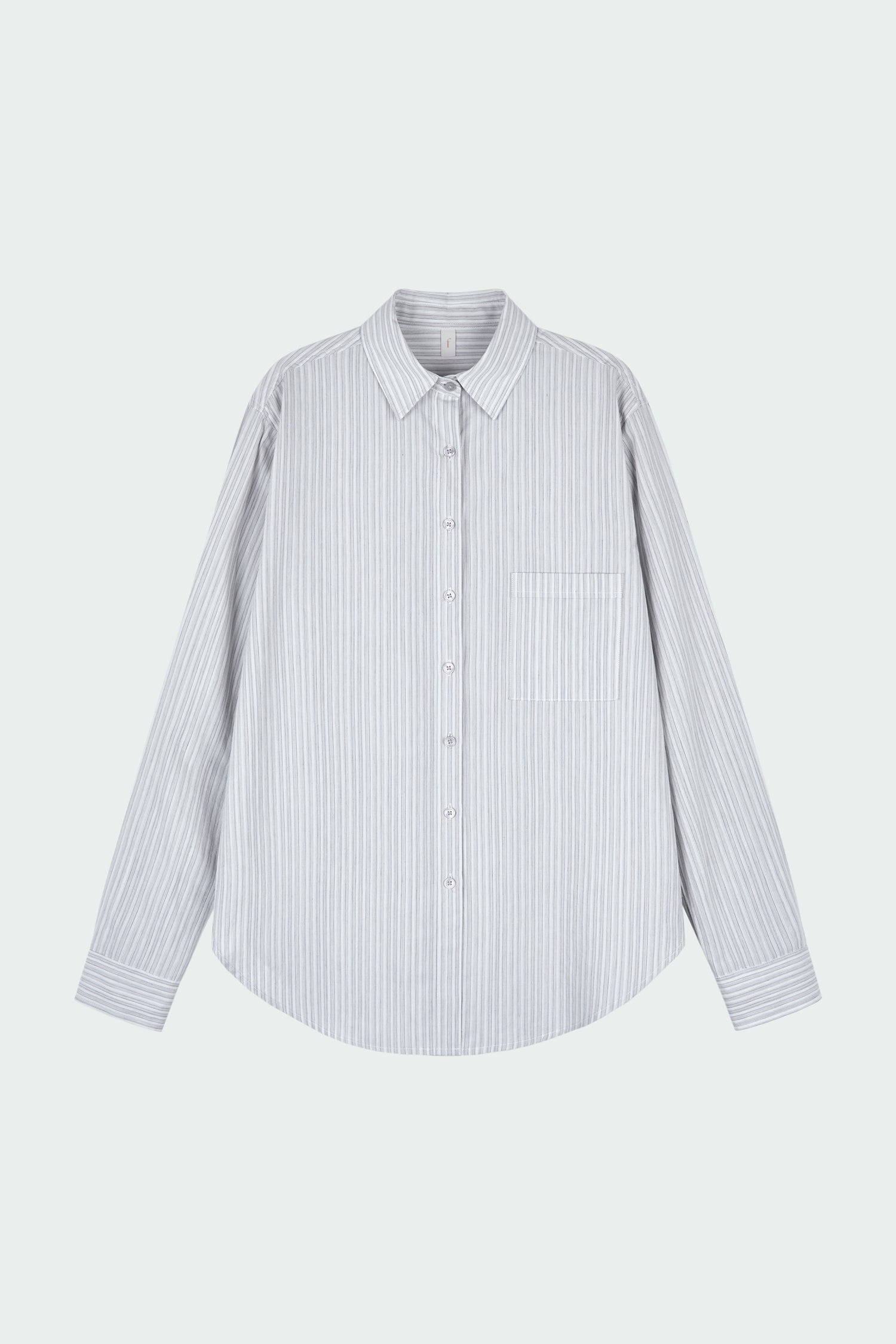 Isabella Shirt in stripe, a lightweight cotton-poly blend button-up with chest pocket, back pleat, and buttoned cuffs, designed in a regular fit with a hip-length silhouette
