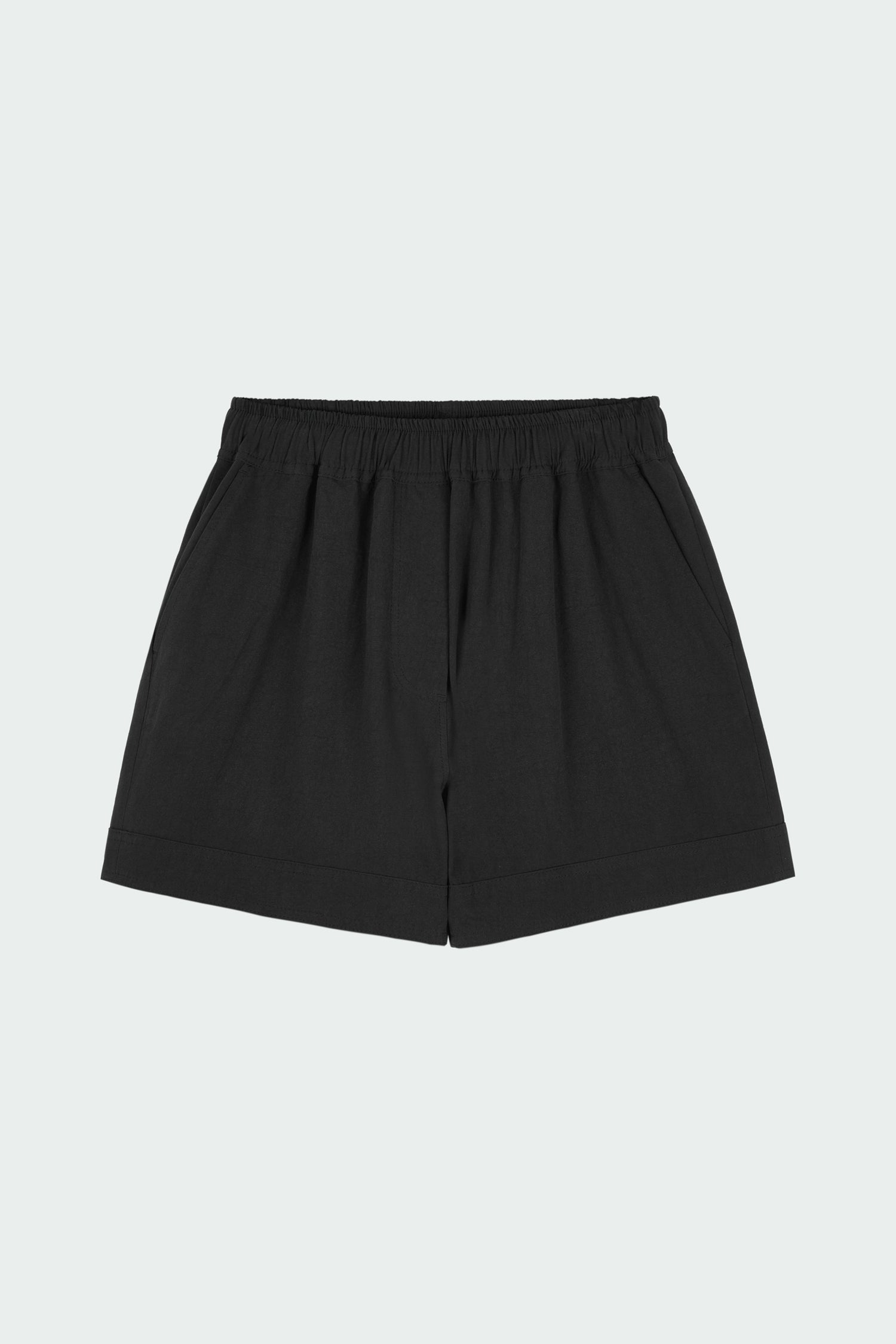 River Shorts in charcoal, lightweight cotton pull-on shorts with an elastic waistband, inner drawstring, side and back pockets, regular fit for everyday comfort