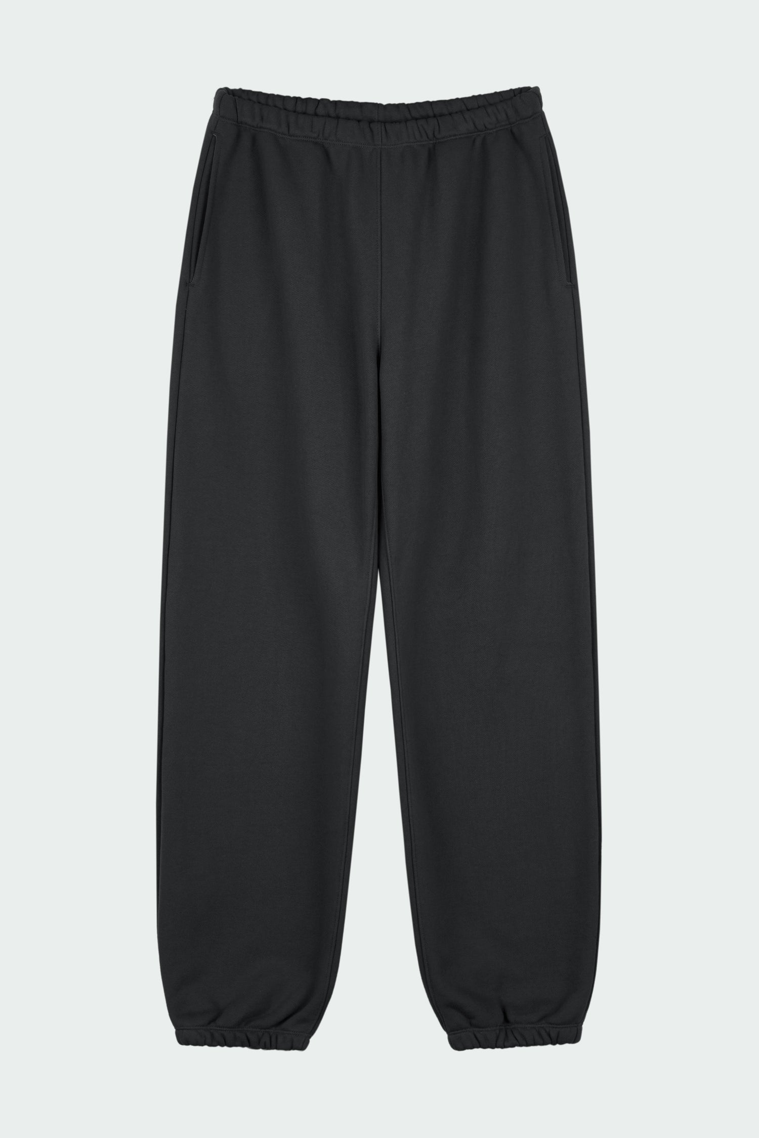 Willow Sweatpants in ink black, soft French terry cotton with drawstring waistband, side pockets, and elastic cuffs, regular fit, part of a set