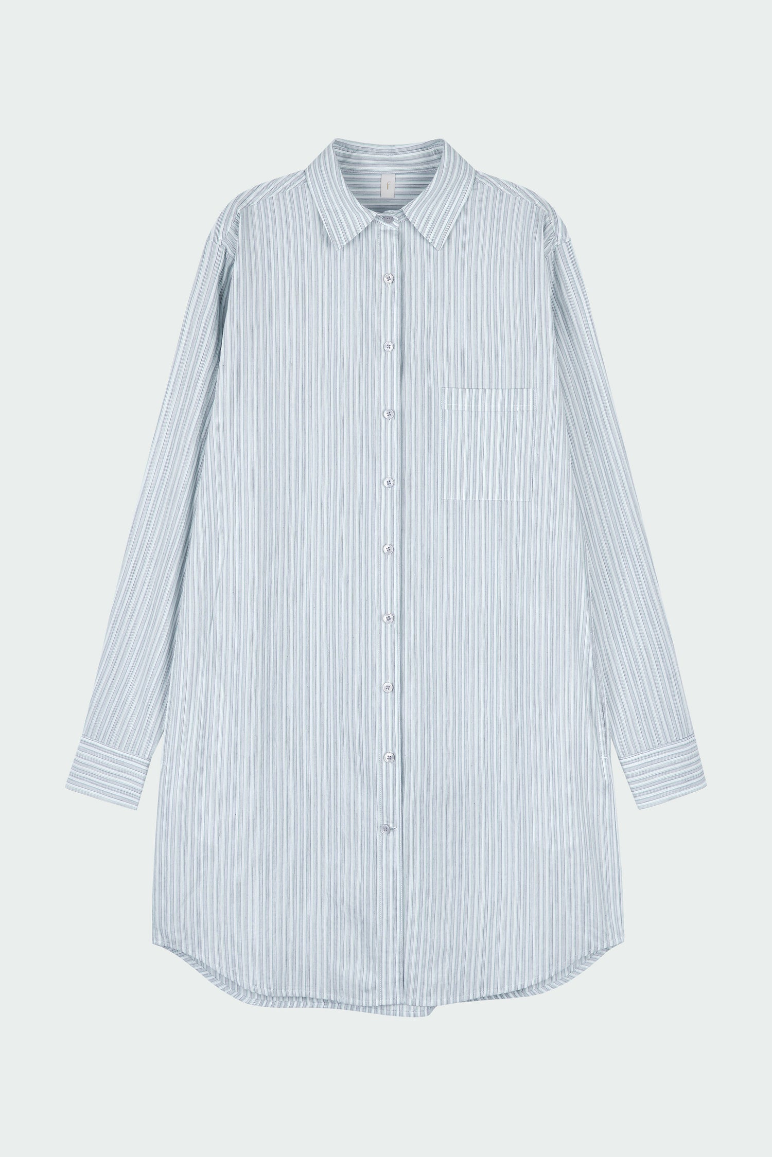 Cara Dress in stripe, long sleeve cotton shirt dress with front chest pocket, curved hem, hidden side pockets, and a relaxed silhouette.