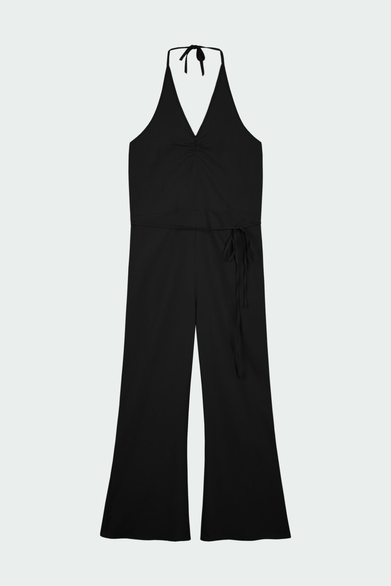 Daisy Jumpsuit in black, sleeveless linen blend jumpsuit with adjustable halterneck, open back, straight-leg silhouette, and relaxed fit.