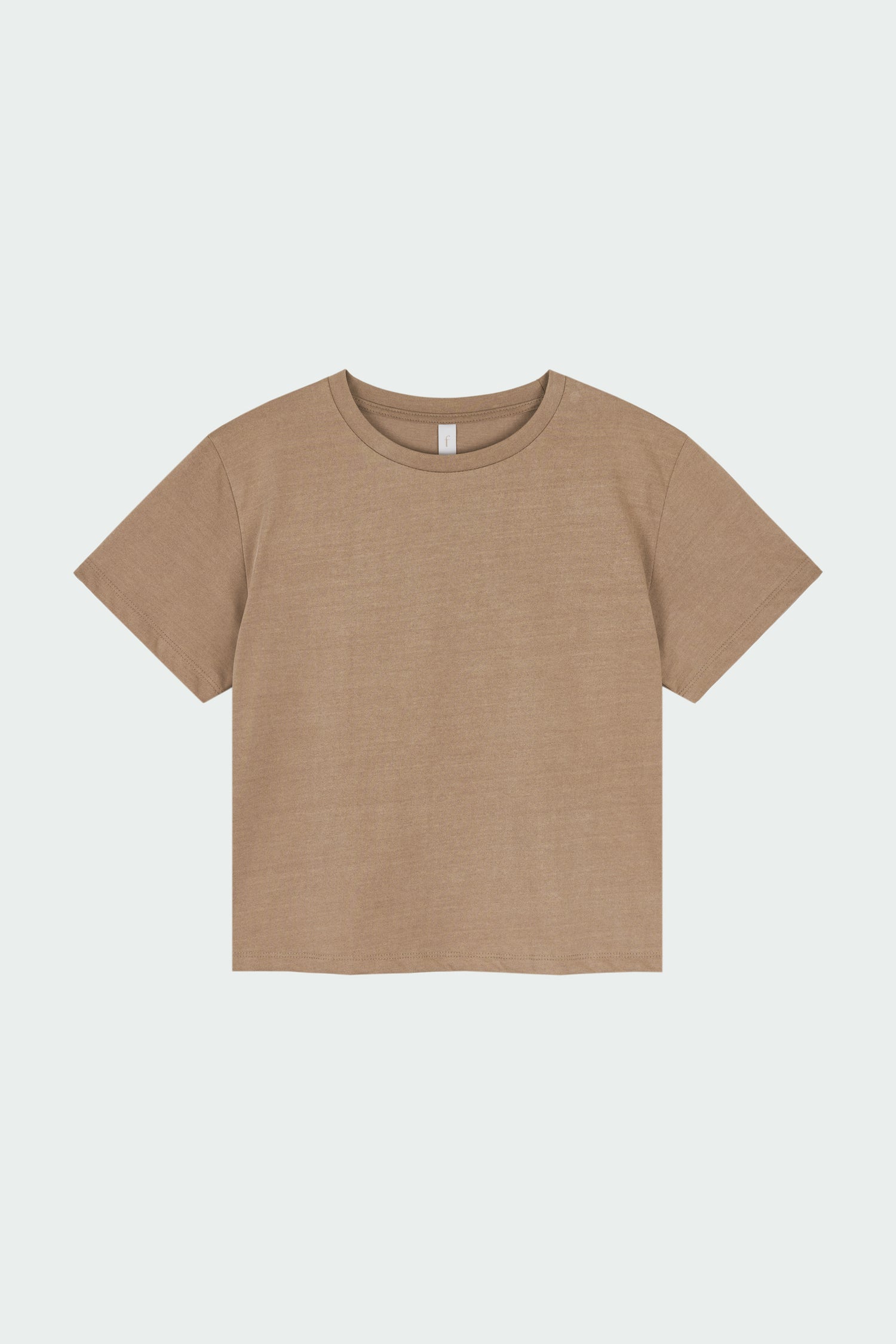 Ivy T-shirt in soft brown, cropped short-sleeve tee in a lightweight cotton-poly blend with crew neck, regular fit, and clean silhouette.