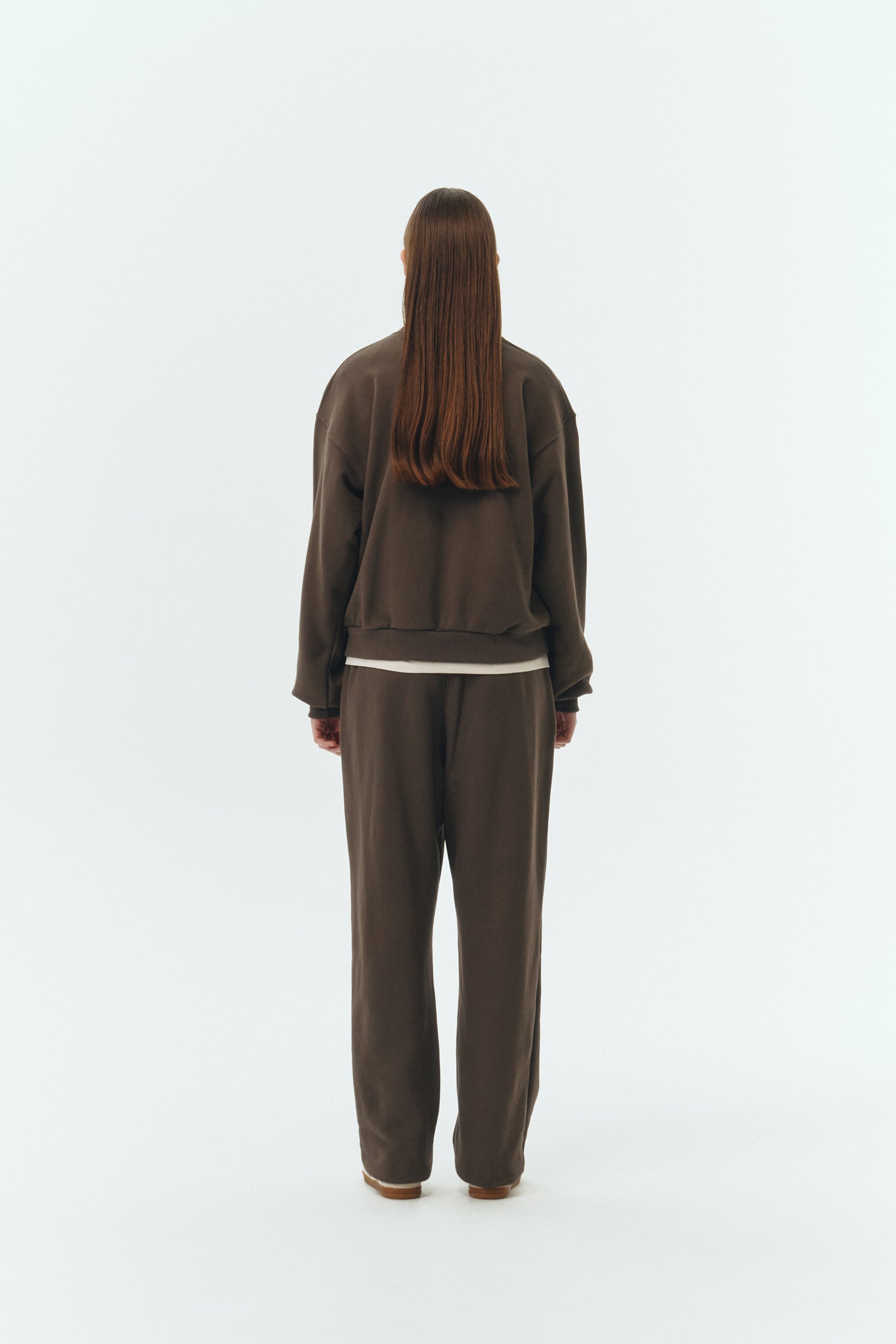 Willow Sweatshirt in chocolate, cotton French terry pullover with crew neck, V-stitch detail, ribbed trims, and a relaxed silhouette.