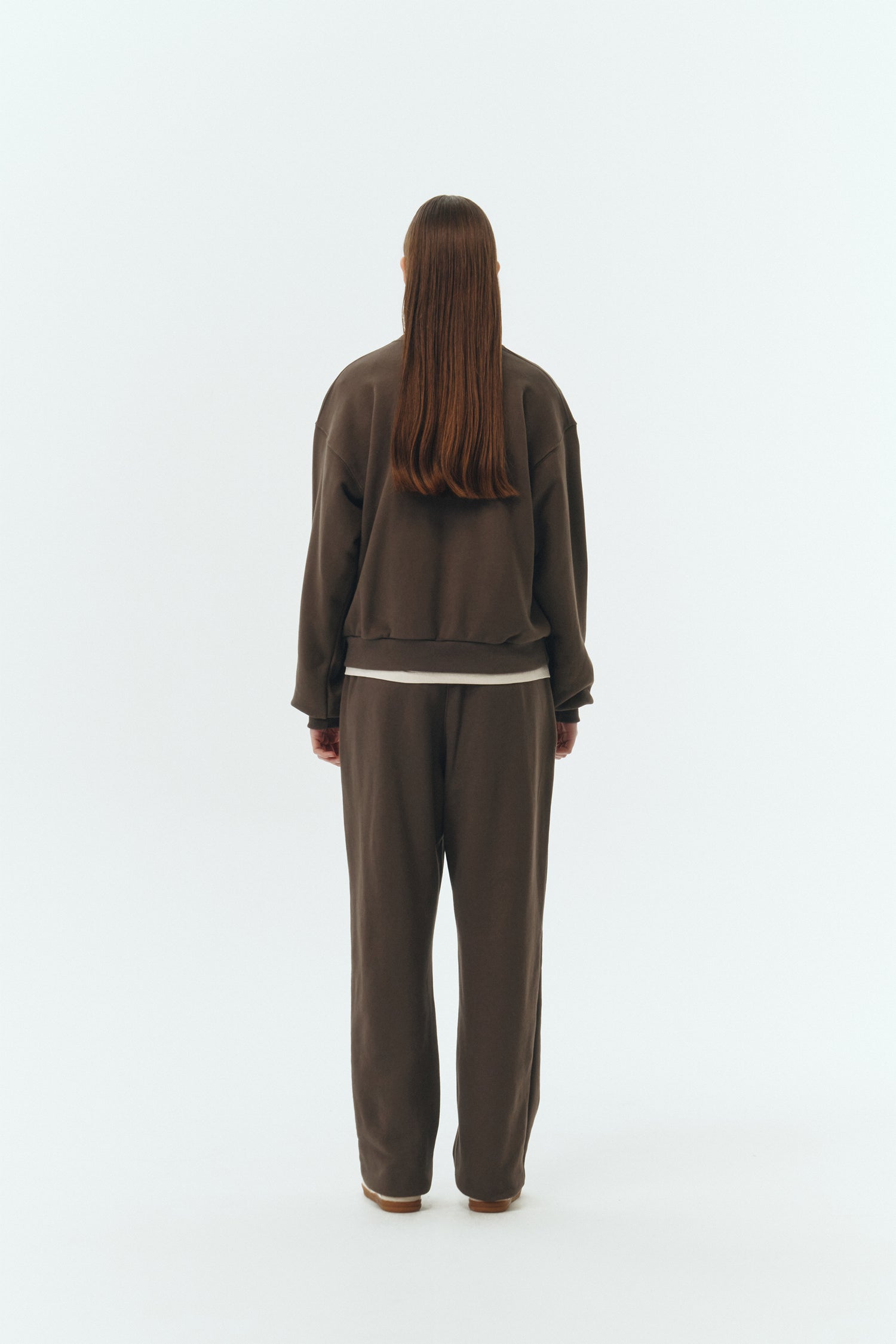 Willow Sweatpants in chocolate, soft French terry cotton with drawstring waistband, side pockets, and elastic cuffs, regular fit, part of a set