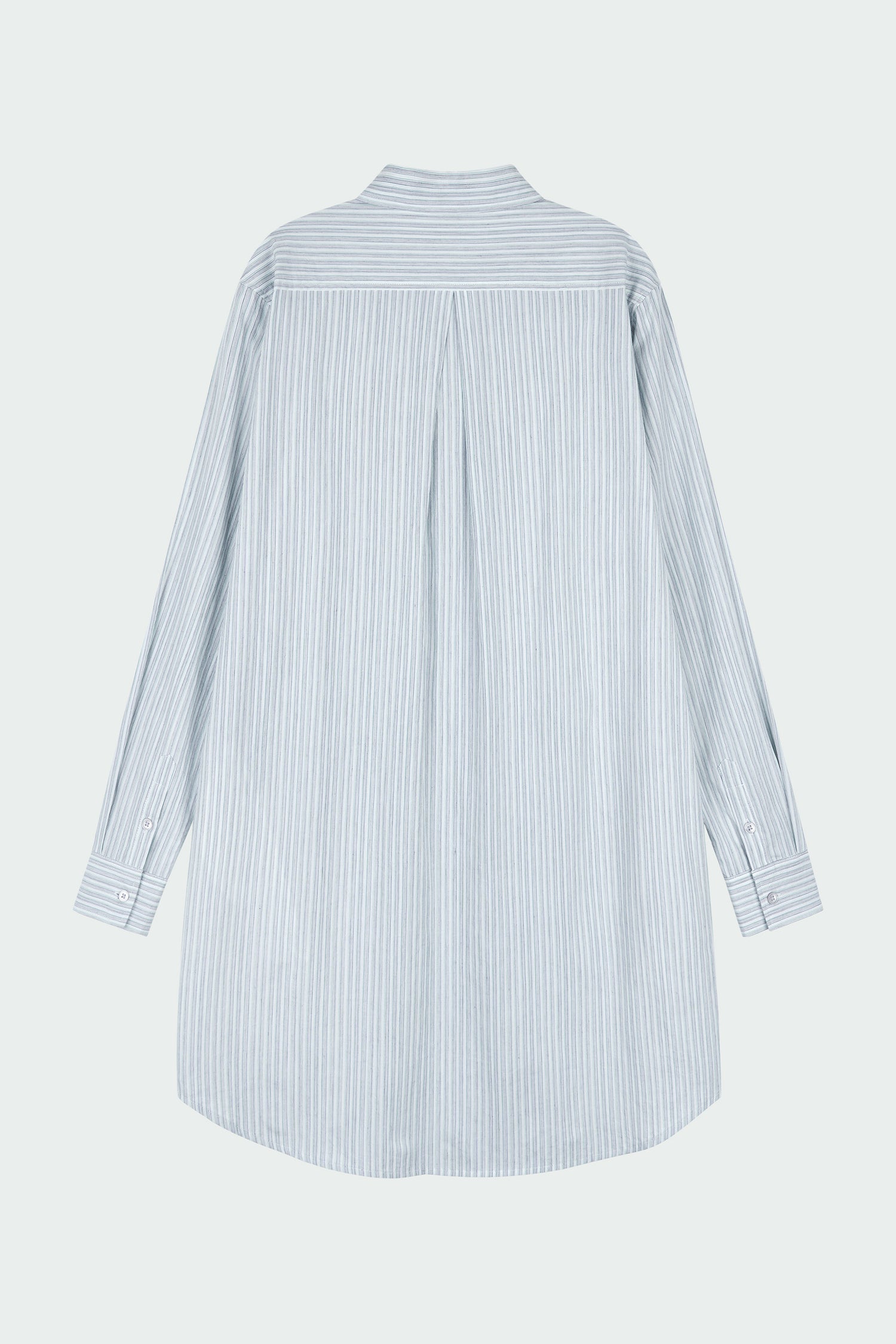 Cara Dress in stripe, long sleeve cotton shirt dress with front chest pocket, curved hem, hidden side pockets, and a relaxed silhouette.