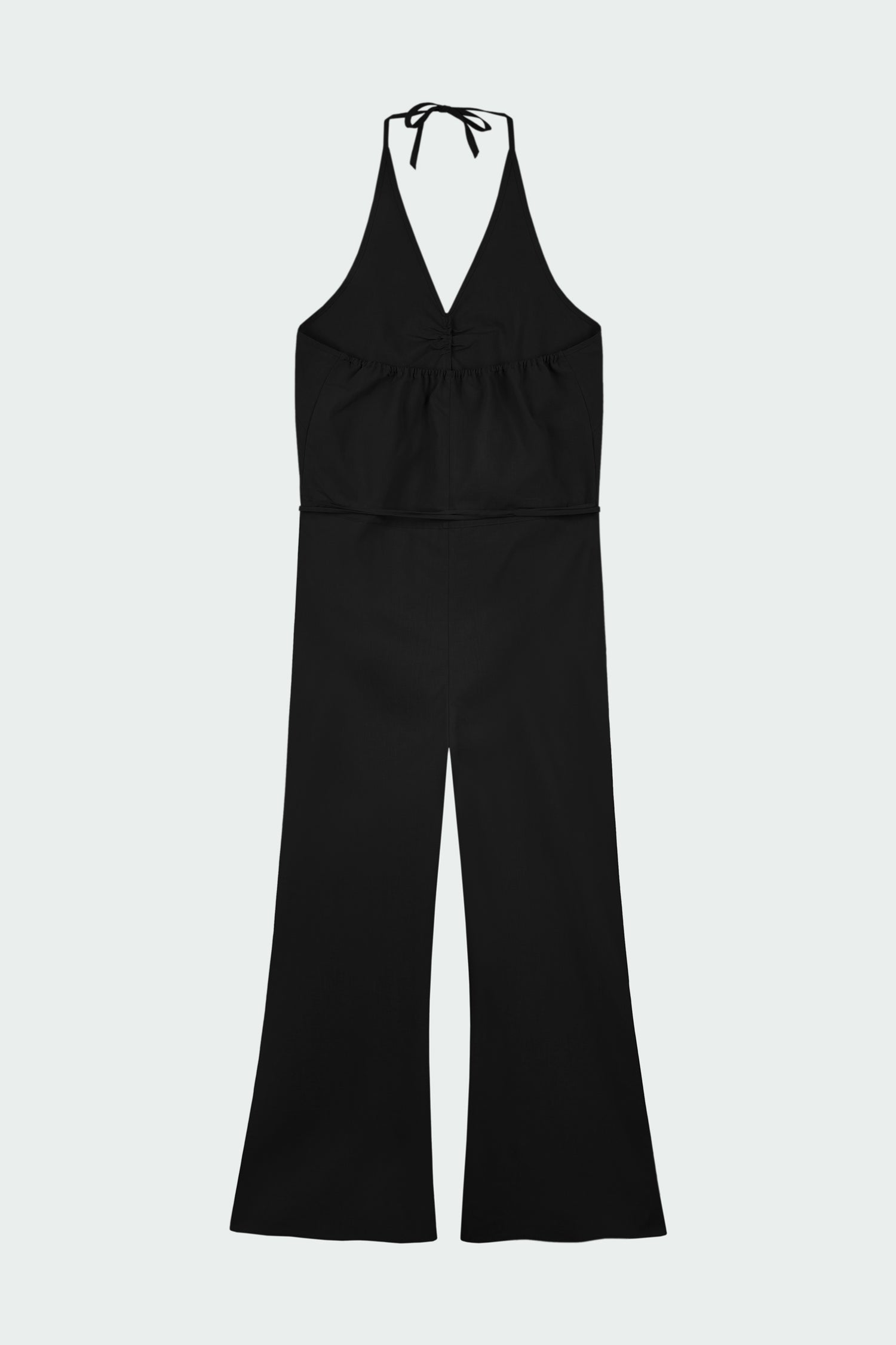Daisy Jumpsuit in black, sleeveless linen blend jumpsuit with adjustable halterneck, open back, straight-leg silhouette, and relaxed fit.