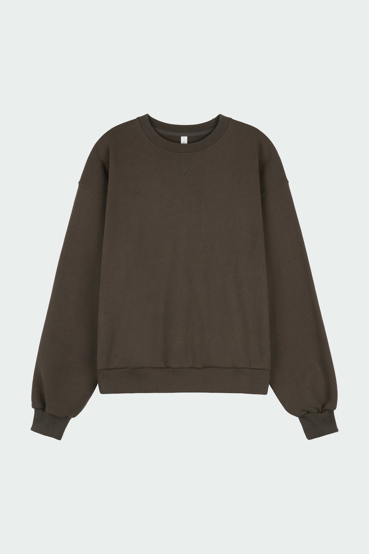 Willow Sweatshirt in chocolate, cotton French terry pullover with crew neck, V-stitch detail, ribbed trims, and a relaxed silhouette.