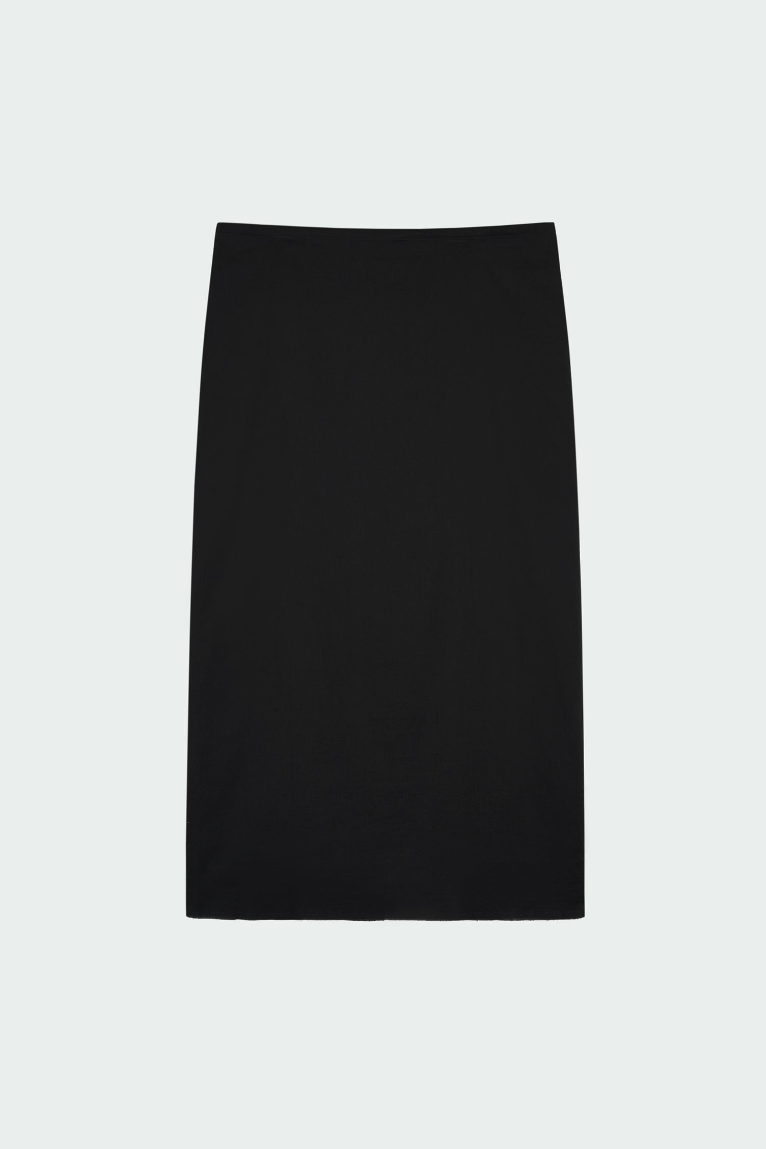 Amelia Skirt in black, a lightweight cotton midi skirt with inner drawstring waist, hidden side pockets, lined layers, raw-edge hem, and a center back slit for ease and movement