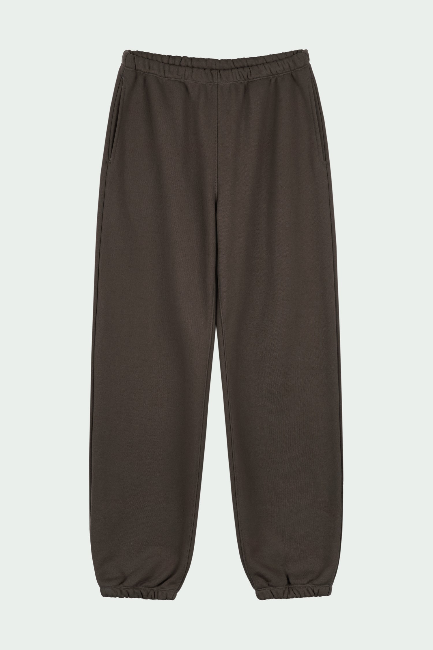 Willow Sweatpants in chocolate, soft French terry cotton with drawstring waistband, side pockets, and elastic cuffs, regular fit, part of a set