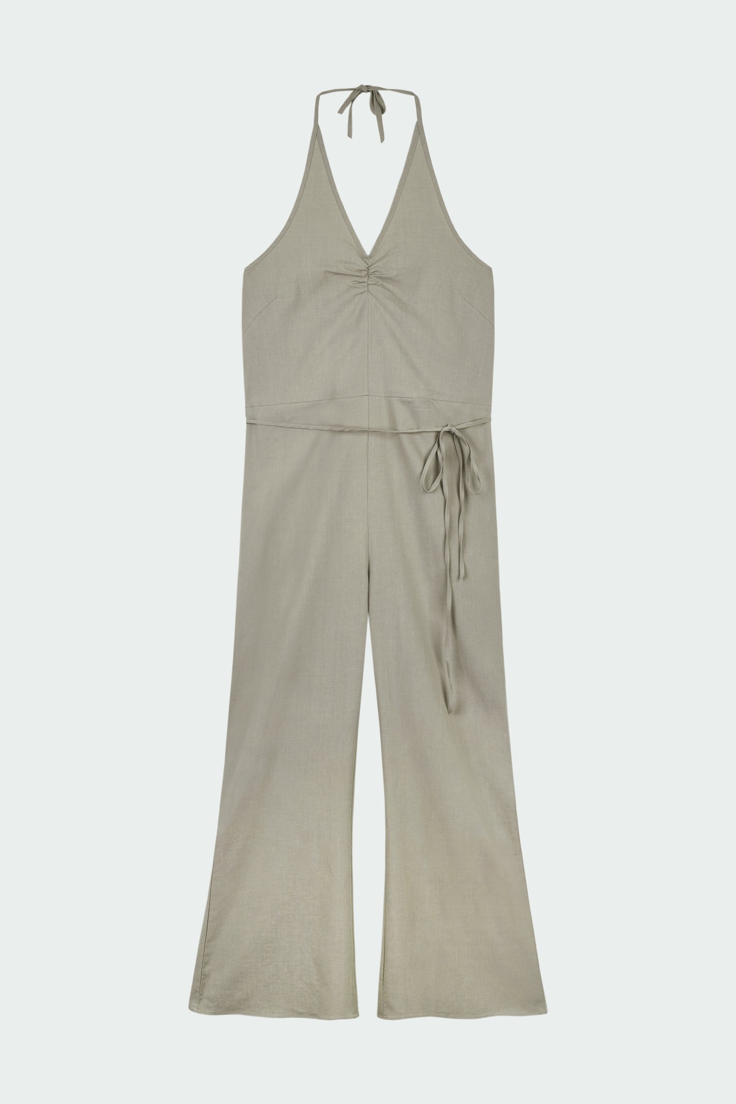 Daisy Jumpsuit in khaki gray, sleeveless linen blend jumpsuit with adjustable halterneck, open back, straight-leg silhouette, and relaxed fit.