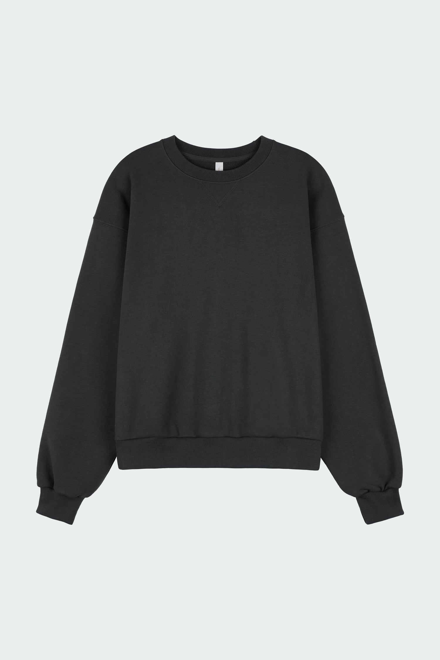Willow Sweatshirt in ink black, a soft cotton French terry pullover with a crew neck, V-stitch detail, ribbed trims, and a relaxed fit, designed for everyday comfort